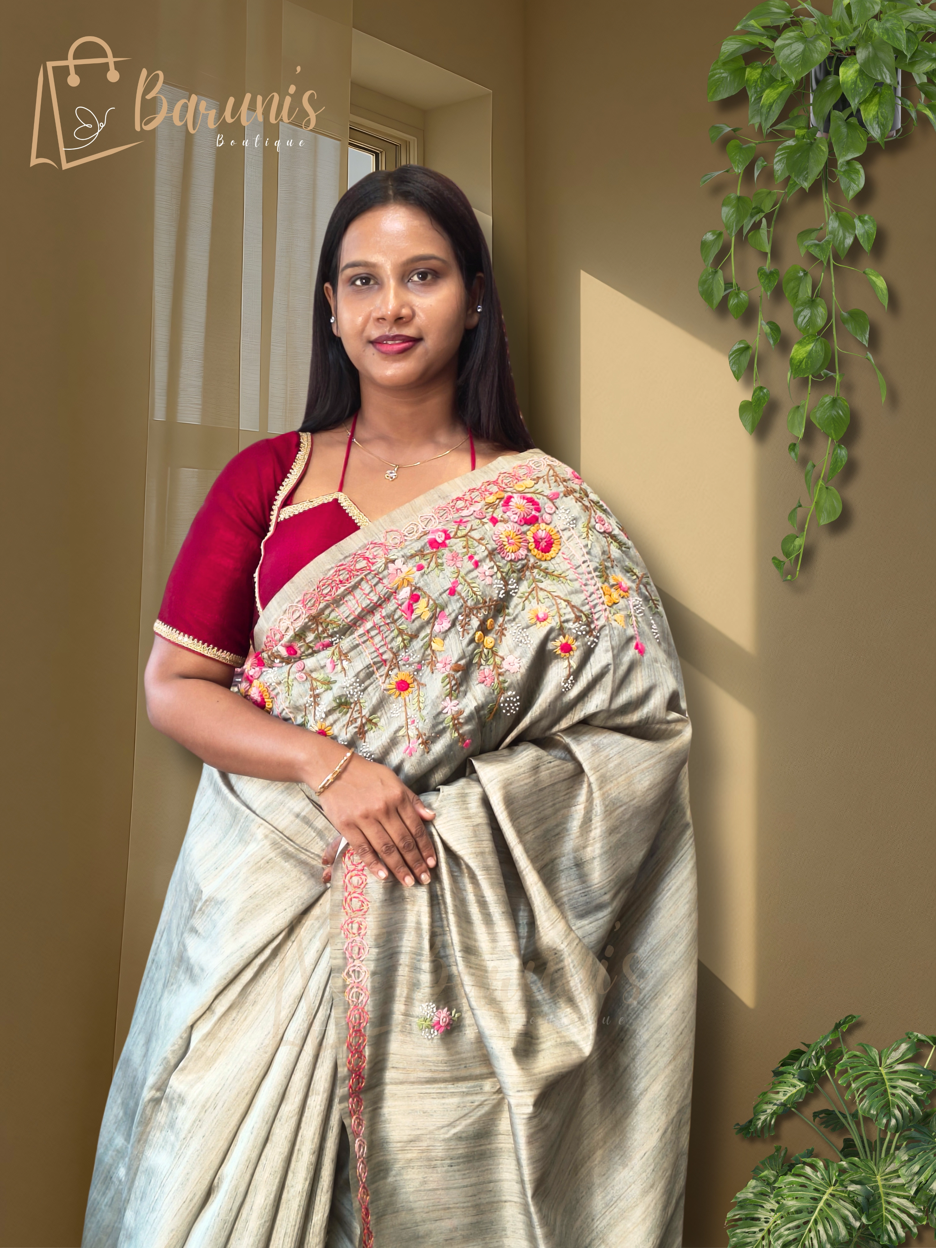 Premium Semi-Tussar Saree with Bullion & Geeth Handwork — Elegant Nougauge Border