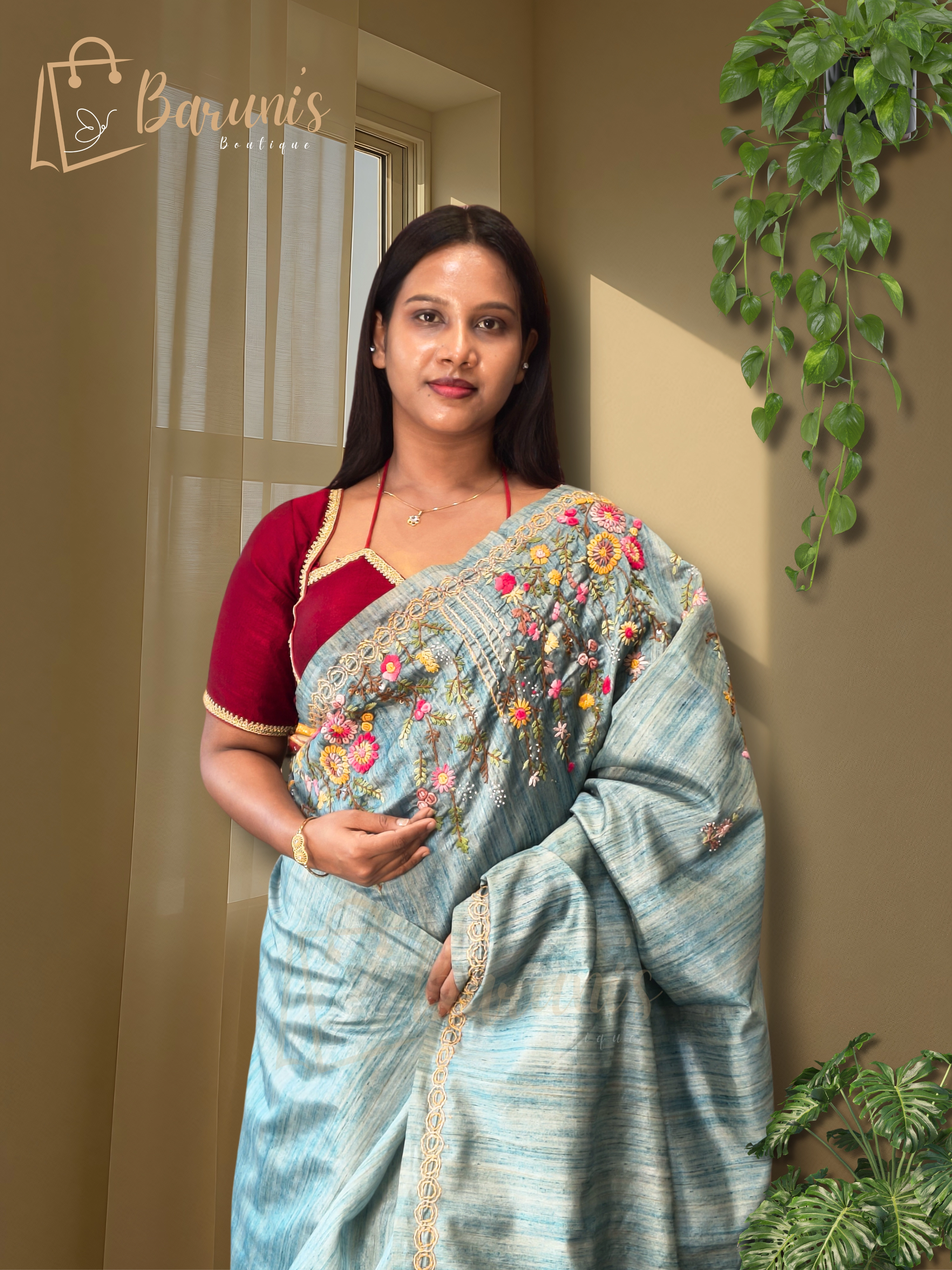 Premium Semi-Tussar Saree with Bullion & Geeth Handwork — Elegant Nougauge Border