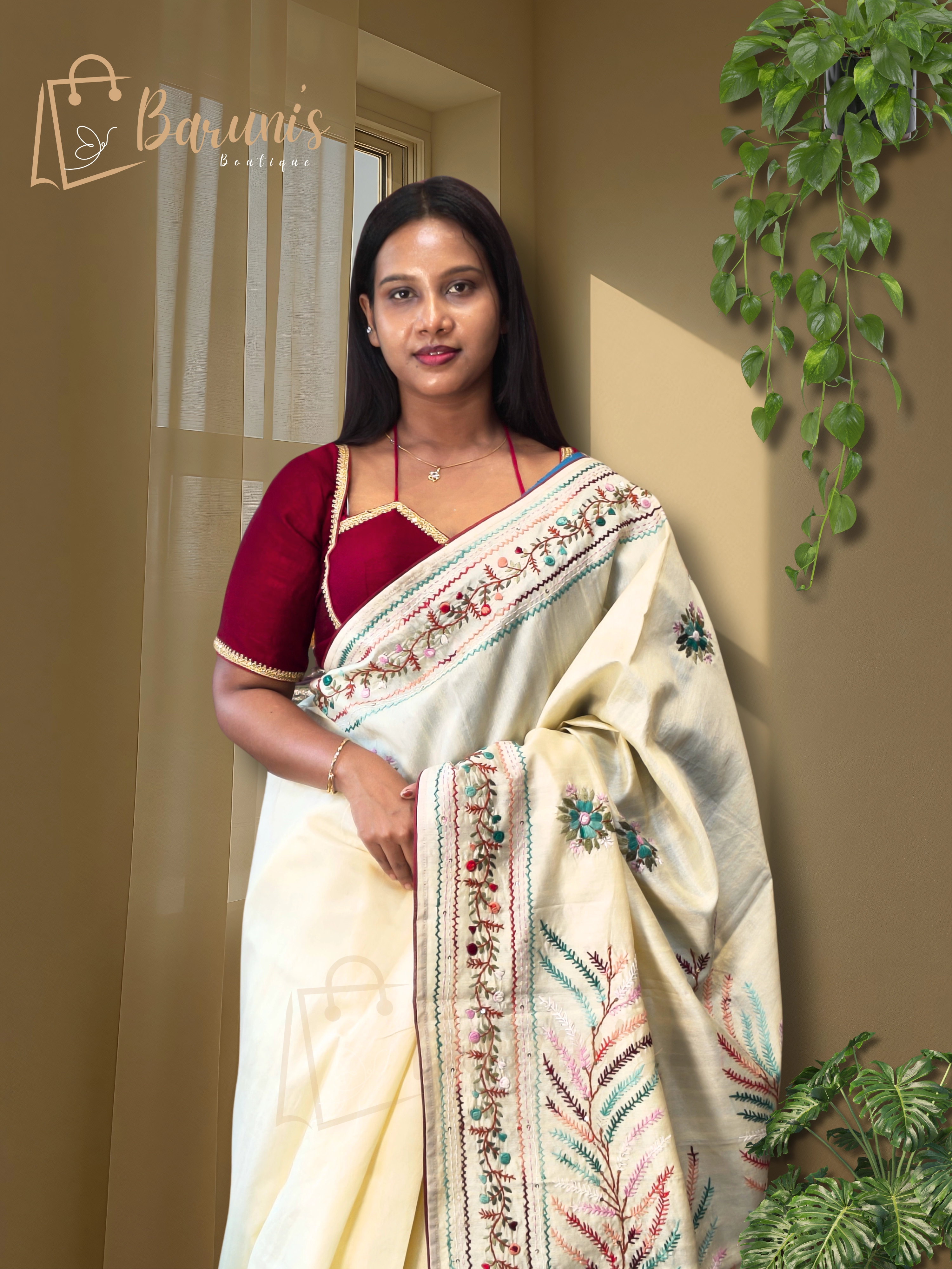 Premium Handwork Bullion French Knot & Nougauge Border Half Tussore Silk Saree.