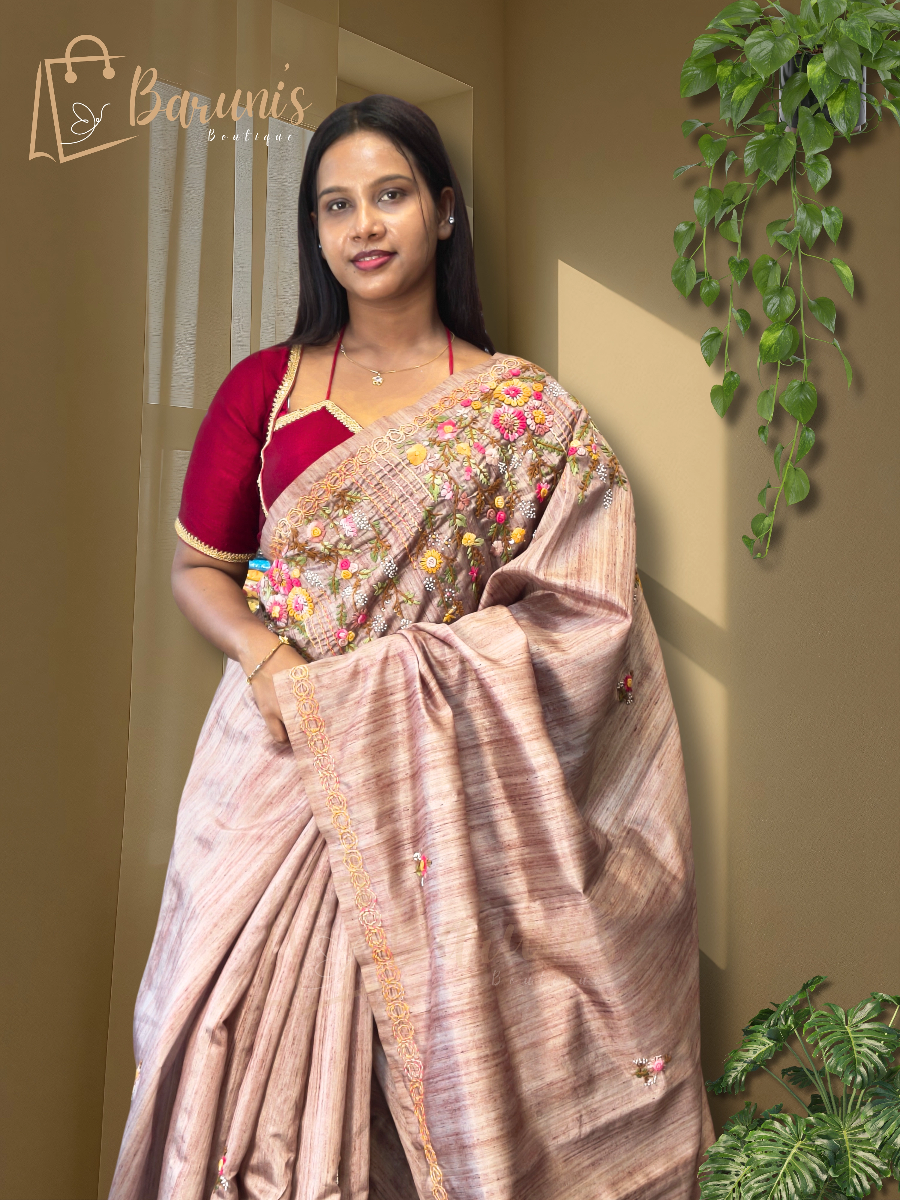 Premium Semi-Tussar Saree with Bullion & Geeth Handwork — Elegant Nougauge Border
