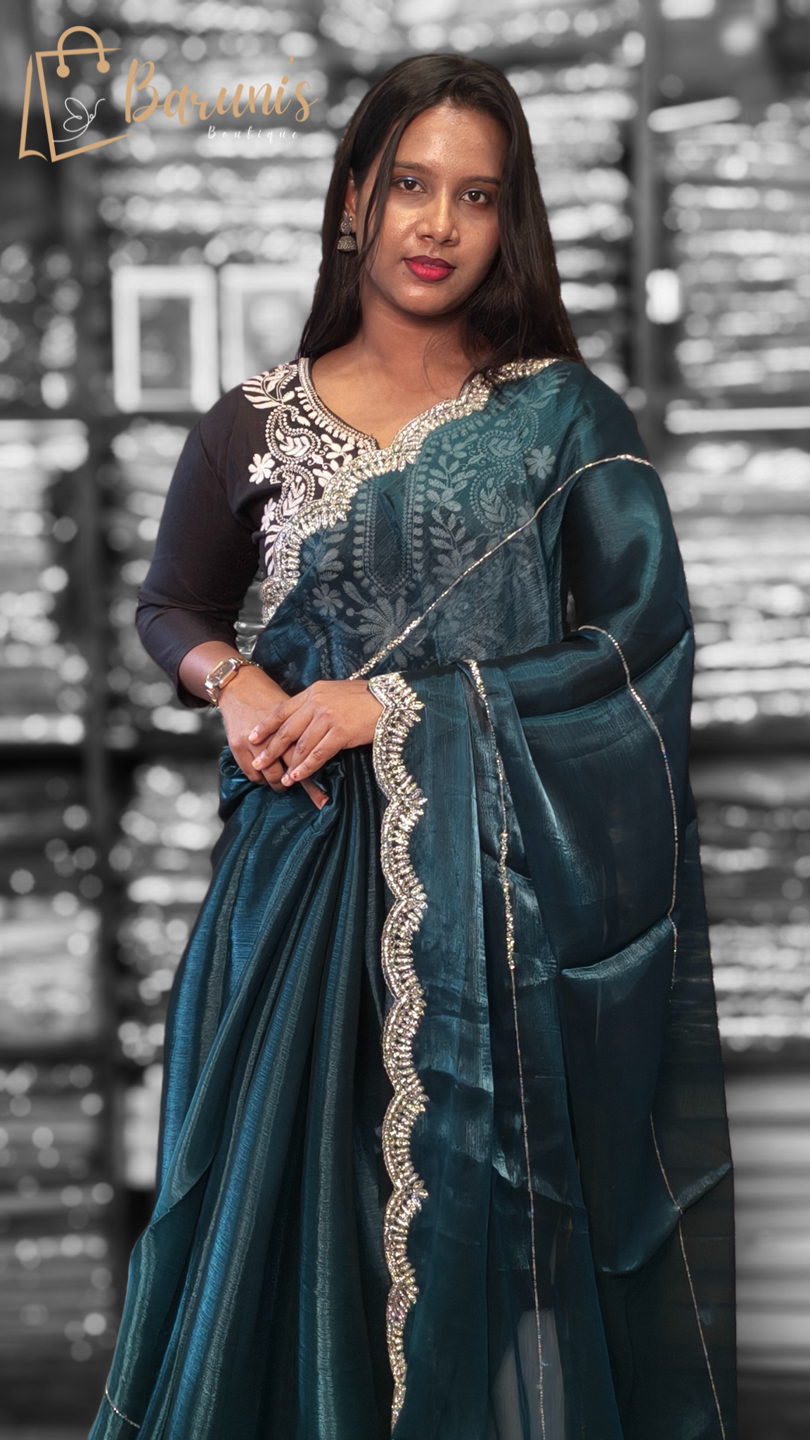 Elegant Satin Teal Saree