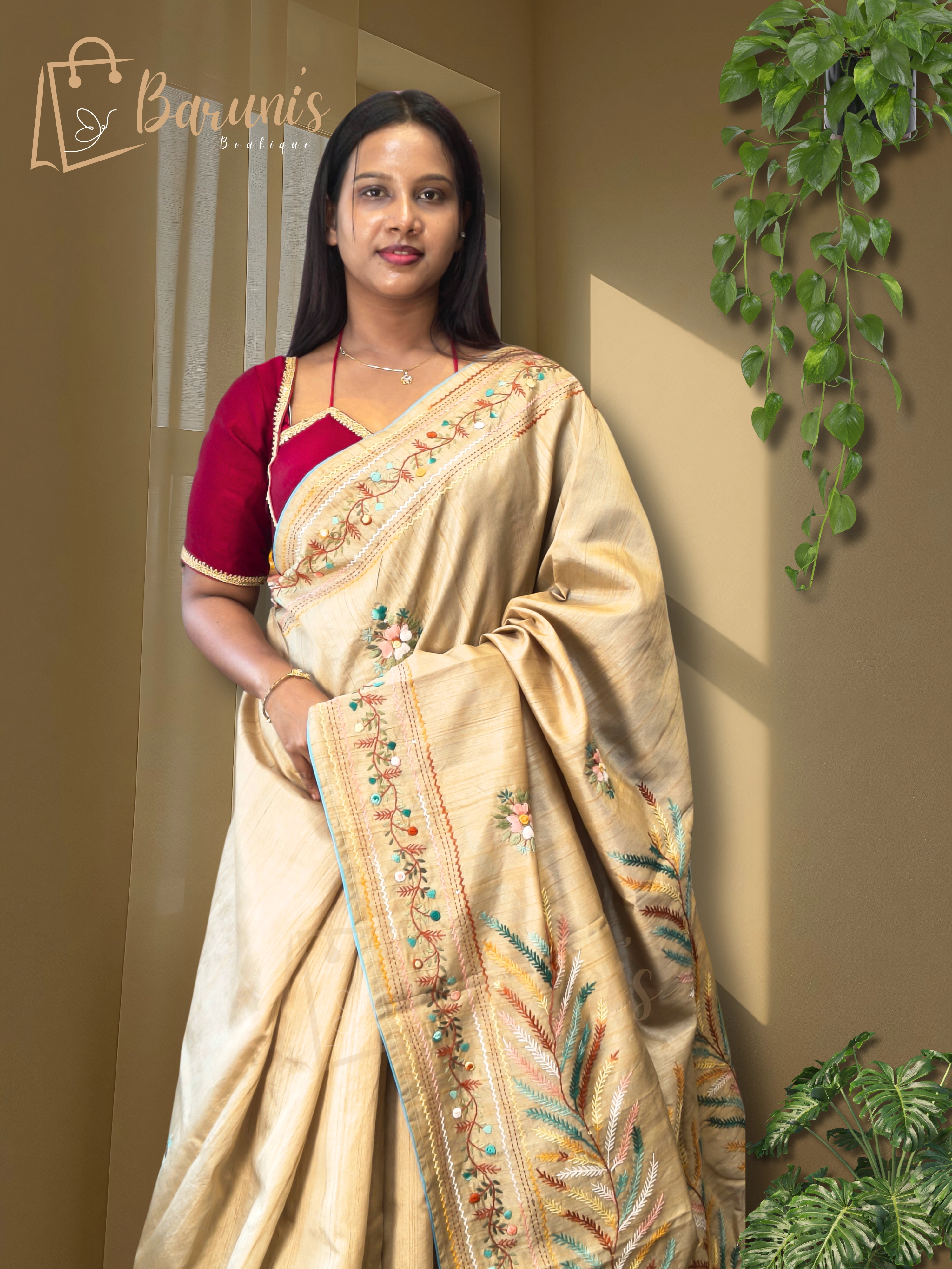 Premium Handwork Bullion French knot & nougauge border on half tussore silk saree
