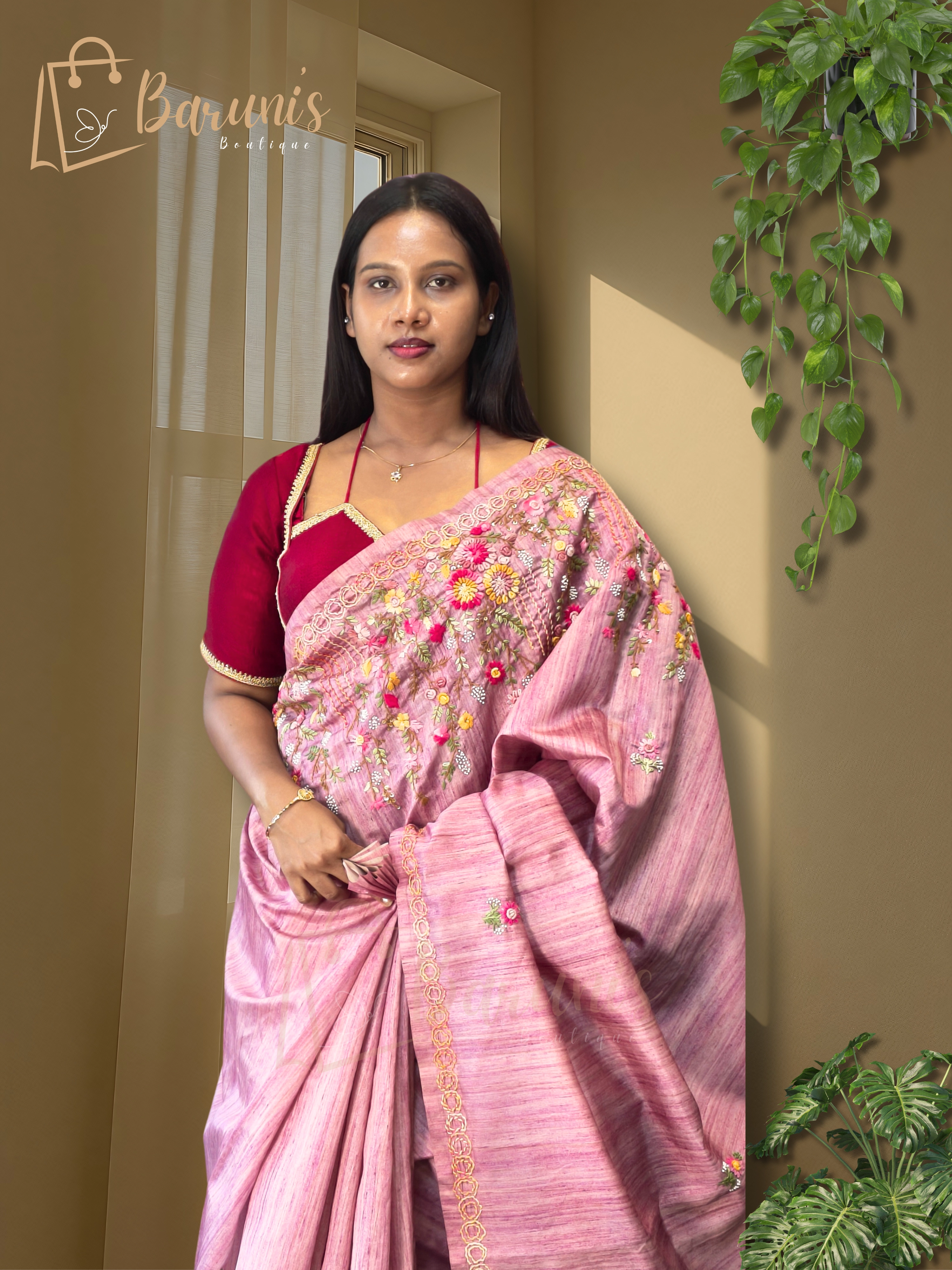 Premium Semi-Tussar Saree with Bullion & Geeth Handwork — Elegant Nougauge Border