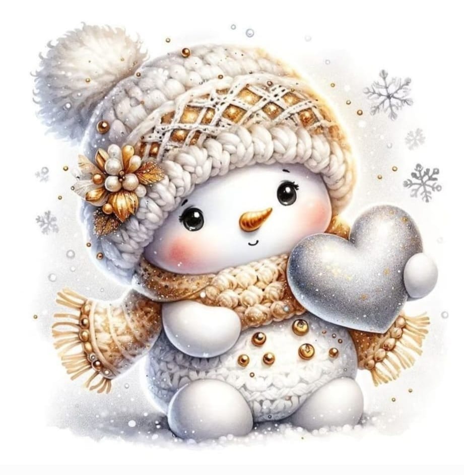 Tela Boneco de Neve com Coração 30x30cm Diamantes Redondos AB