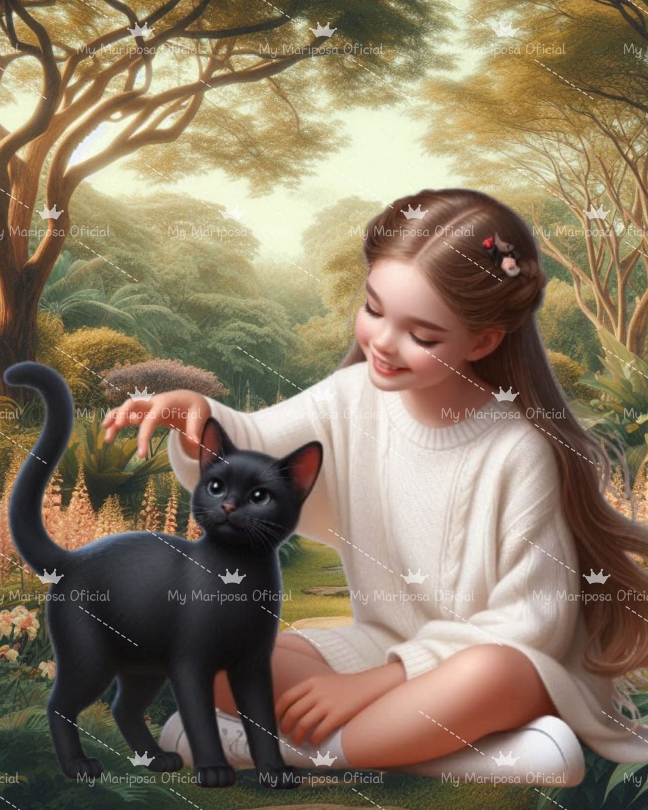 Tela Menina e Pequeno Gato Preto 40x50cm - 2133