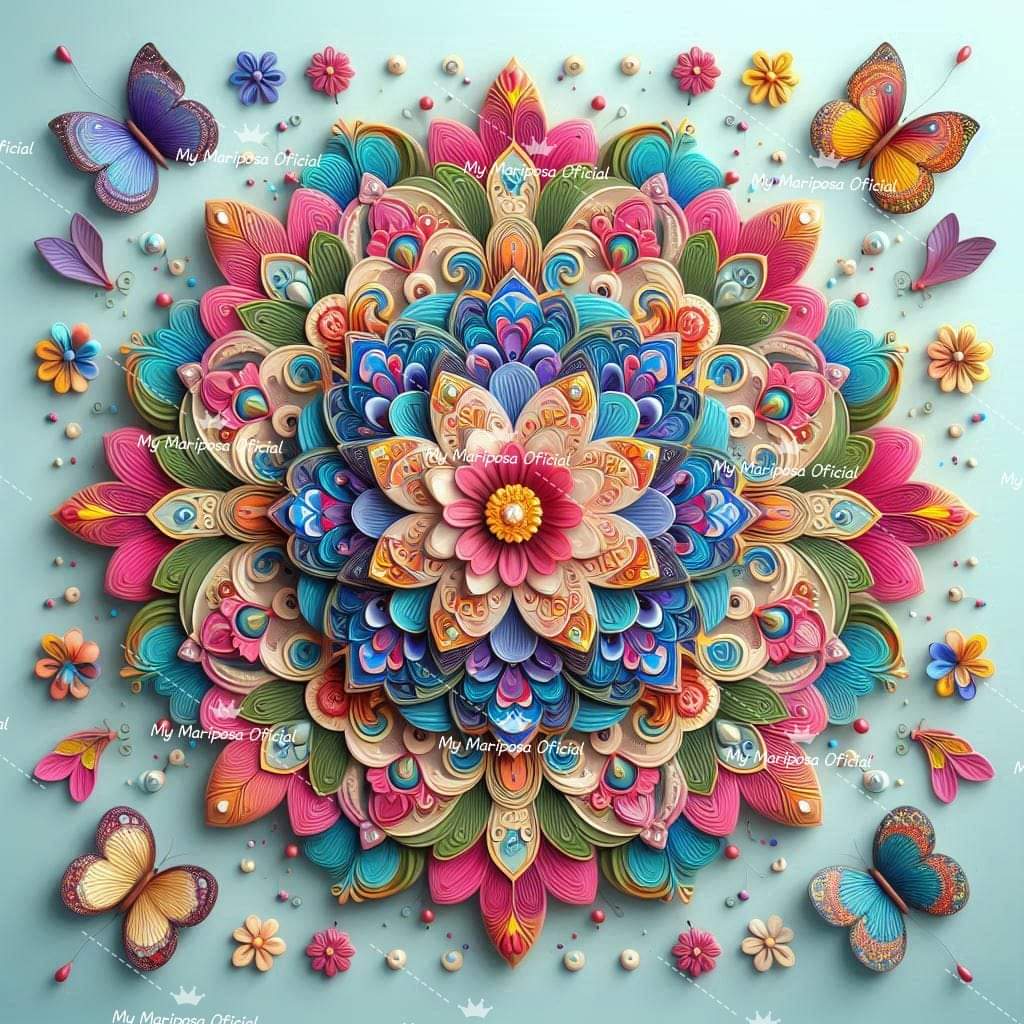 Tela Mandala Pétalas e Borboletas 50x50cm - 2170