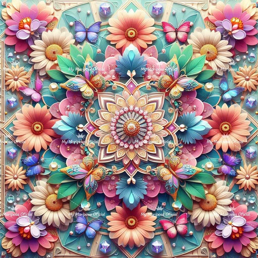 Tela Mandala Flores e Borboletas 50x50cm - 2171