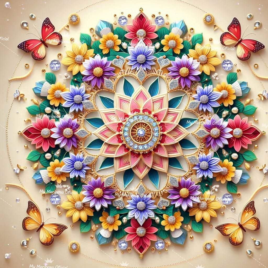 Tela Mandala Flores e Borboletas Coloridas 50x50cm - 2172