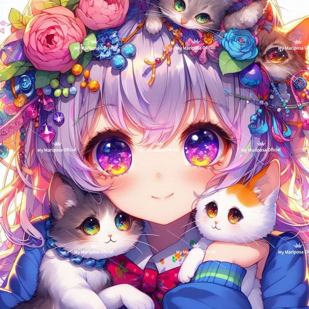 Tela Coleção Menina Gatinhos Anime  - 50x50cm (2586)