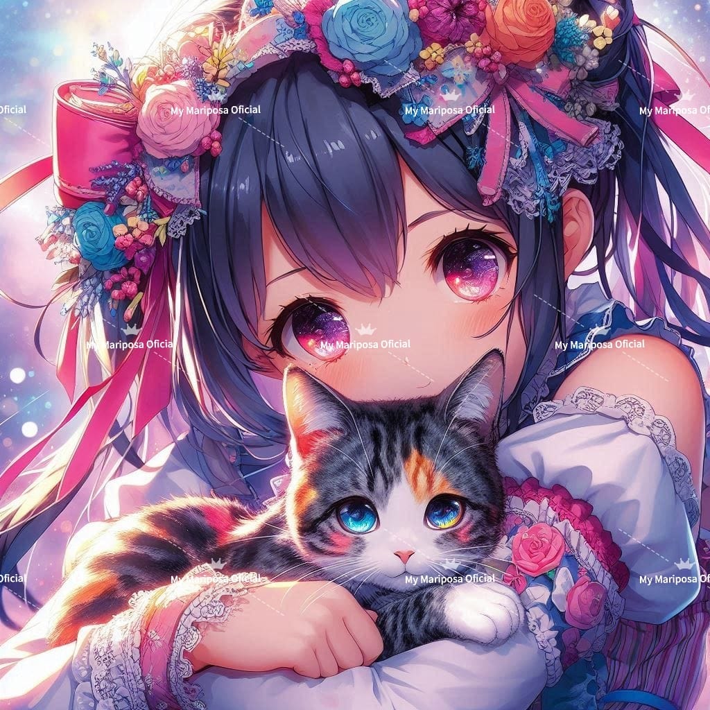 Tela Coleção Menina Gatinhos Anime  - 50x50cm (2586)