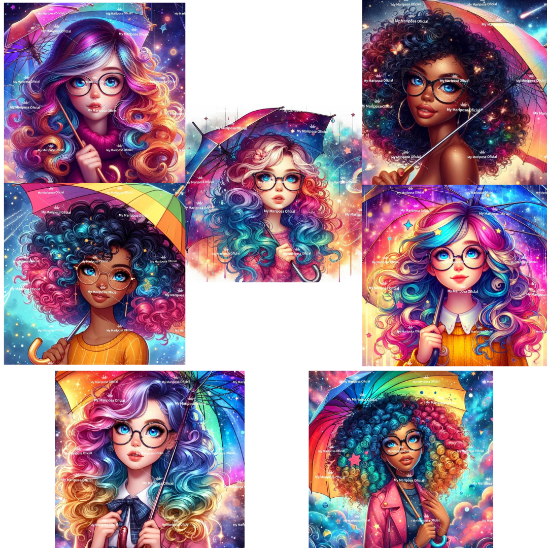 Tela Coleção Menina Guarda-chuva Colorido - 50x50cm (2594)