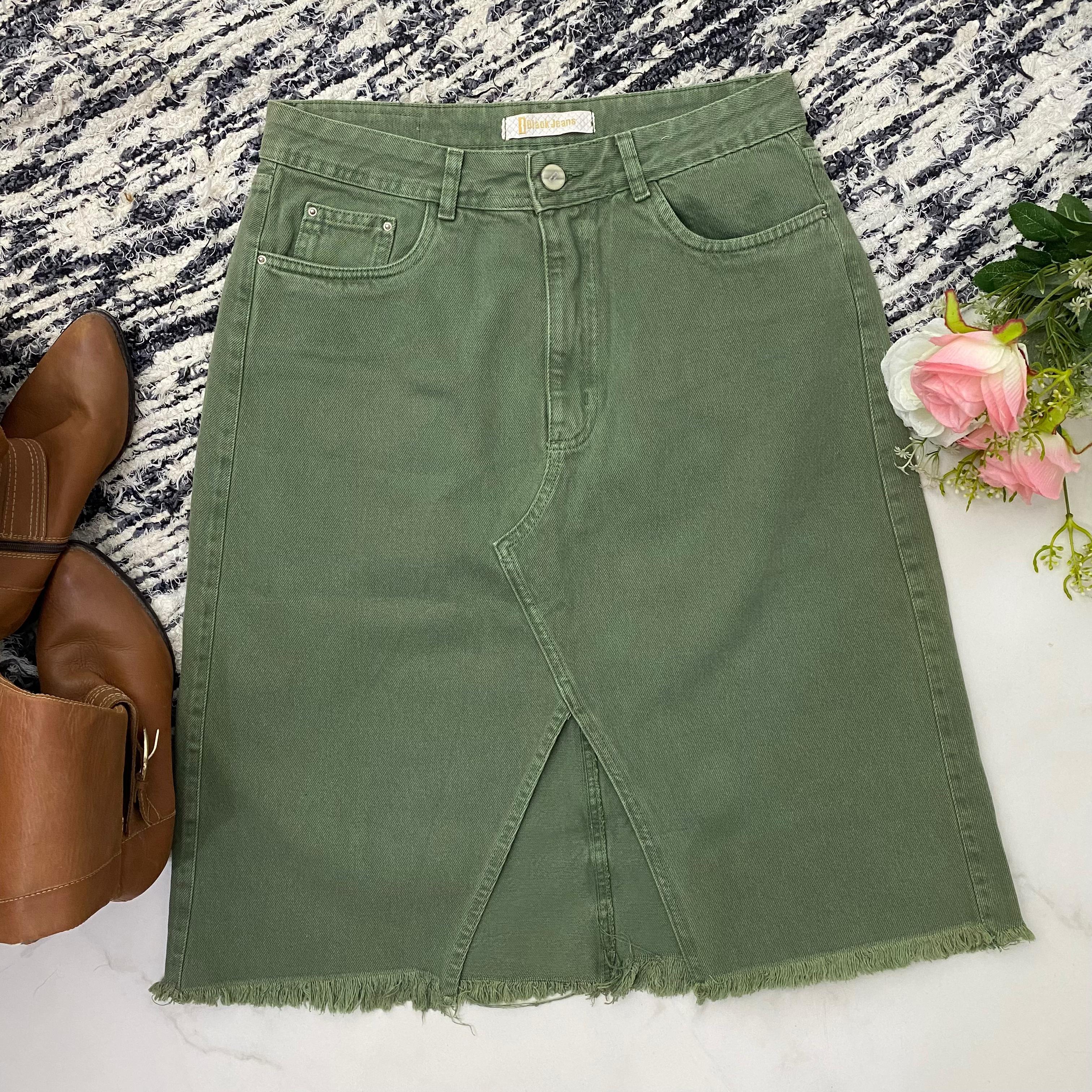 Saia Midi Jeans Verde musgo com Fenda Frontal Tamanho 42