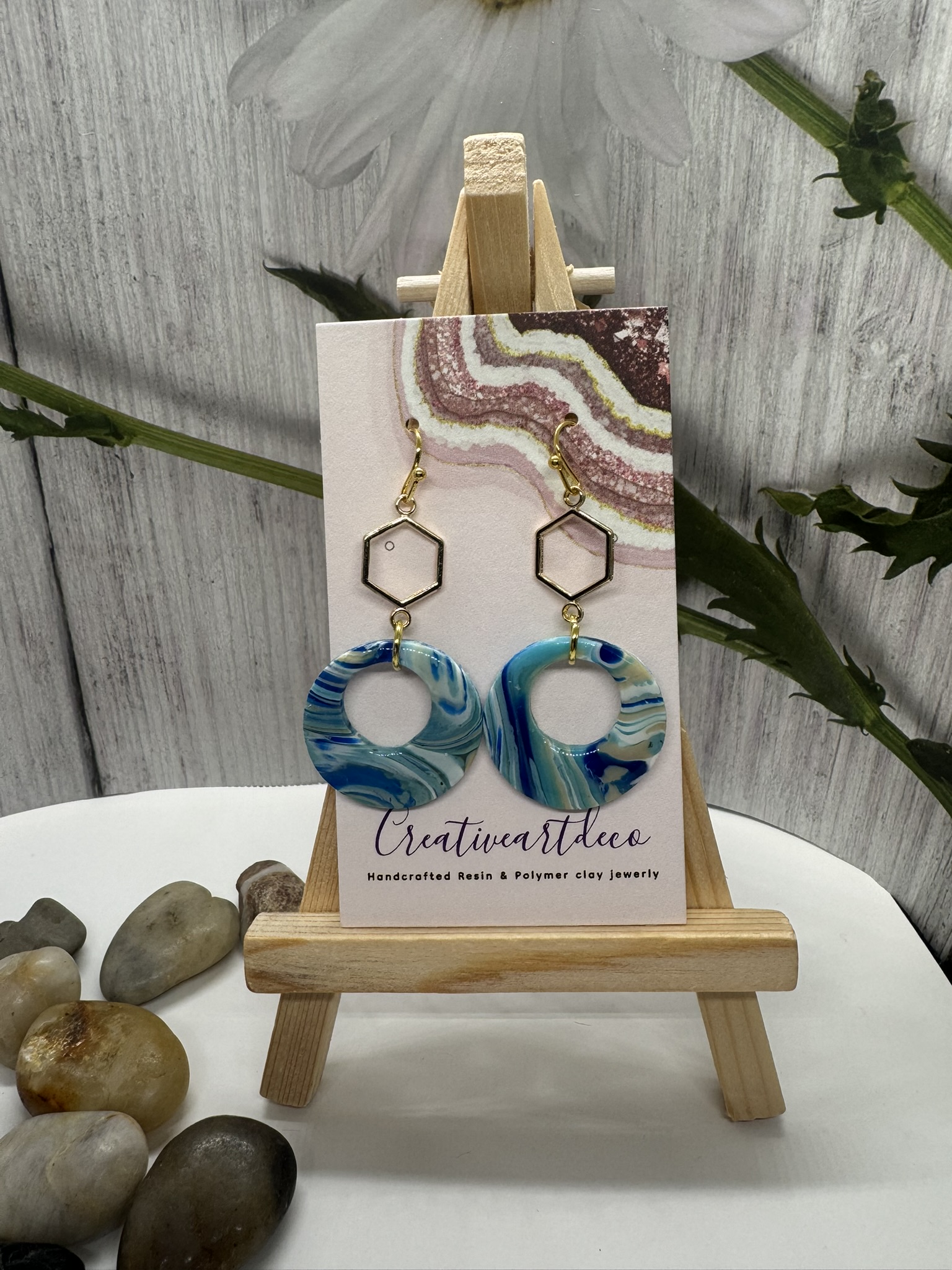 Blue Scheelite Open Circle and Octagon Earrings