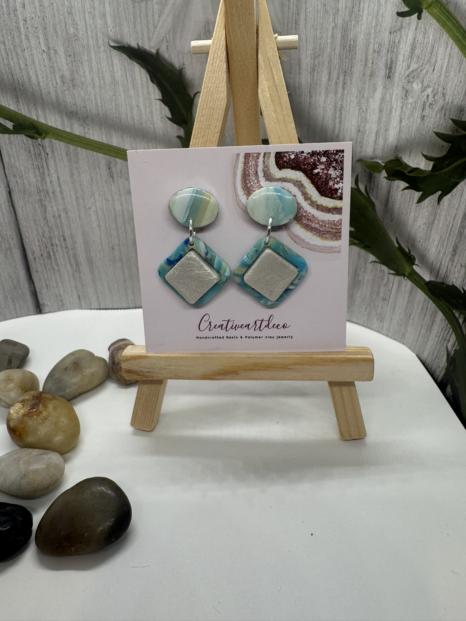 Bezel Set Faux Blue Scheelite and Faux Moonstone Insert Geometric Earrings