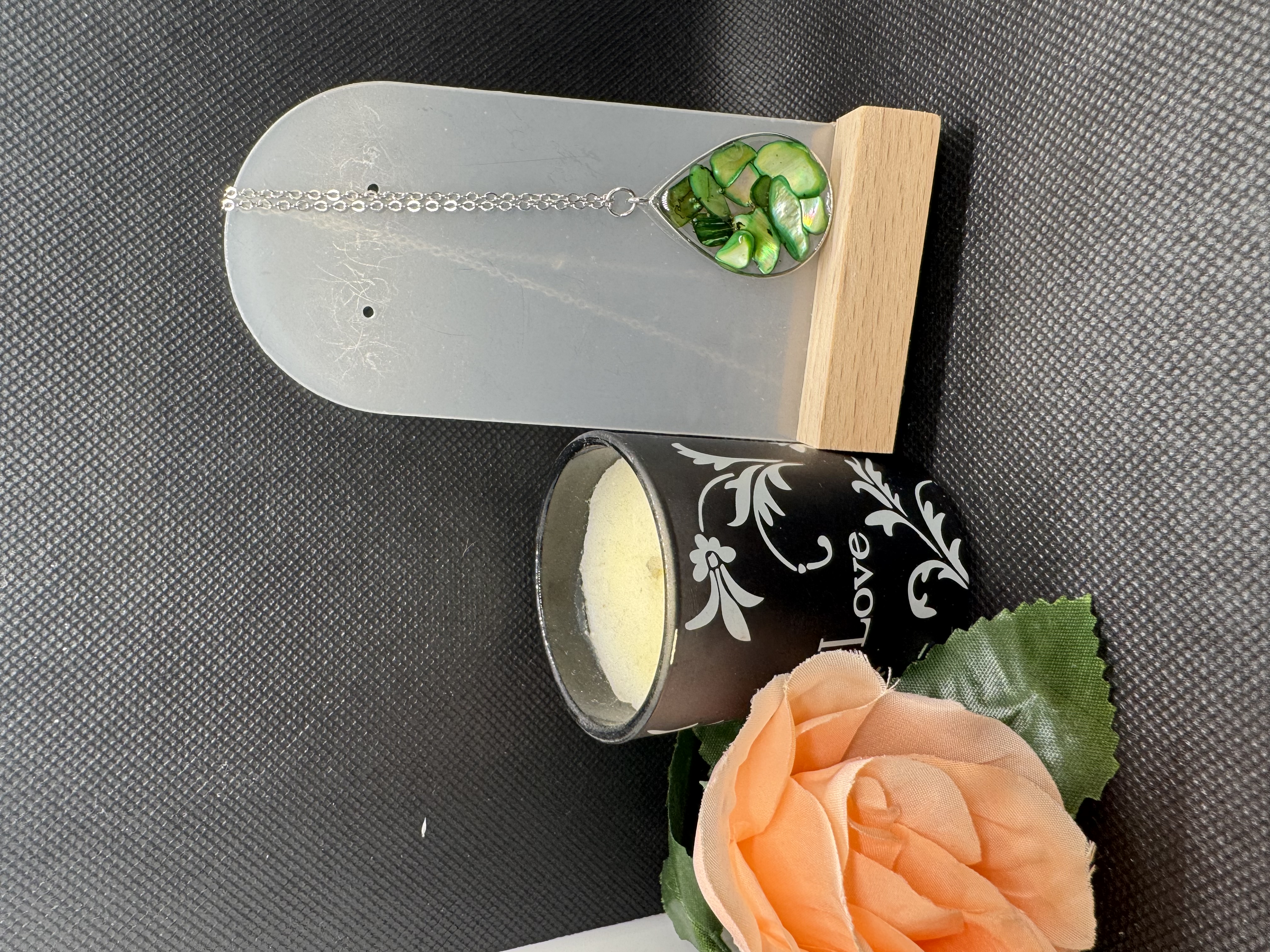 Contemporary Green Abalone Resin Pendant in Stainless steel bezel