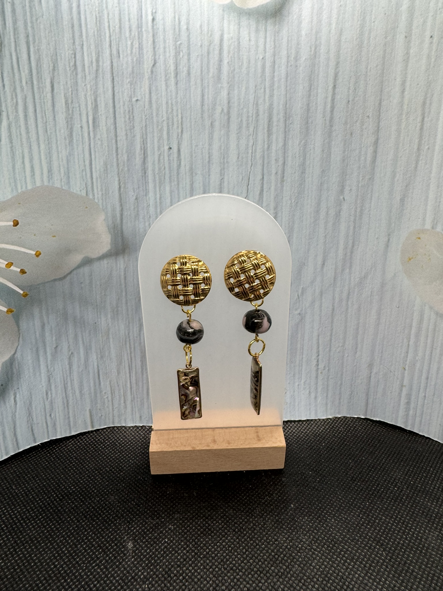 Gold Woven Abalone and Clay Earrings