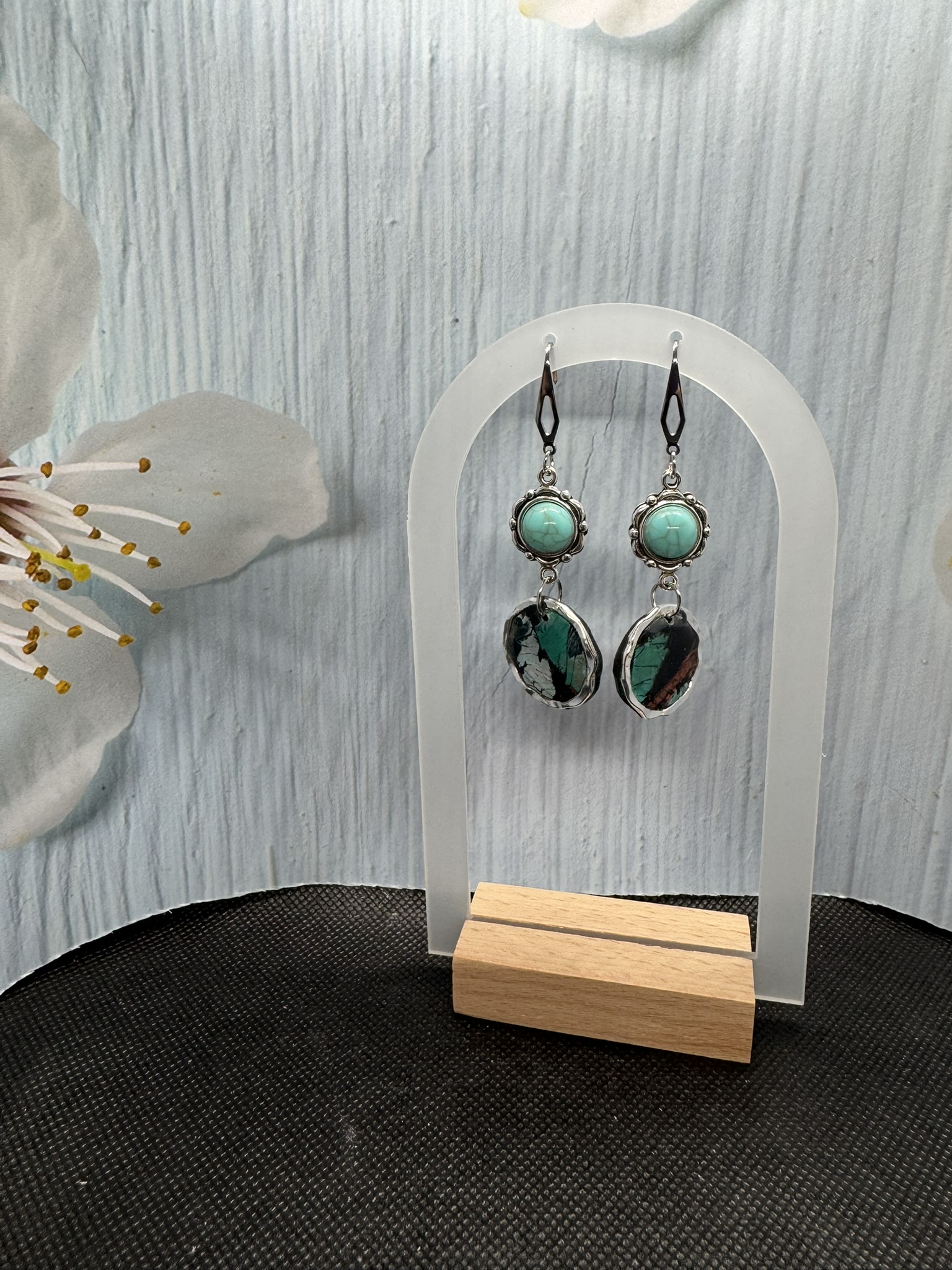 Irregular Circle and Turquoise Dangle Earrings