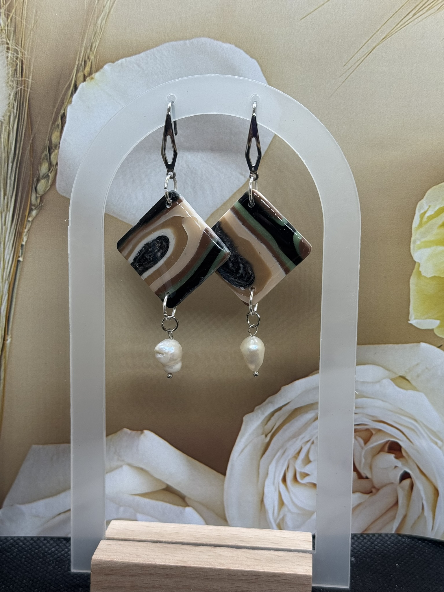 Square Faux Agate and Pearl Dangle Earrings