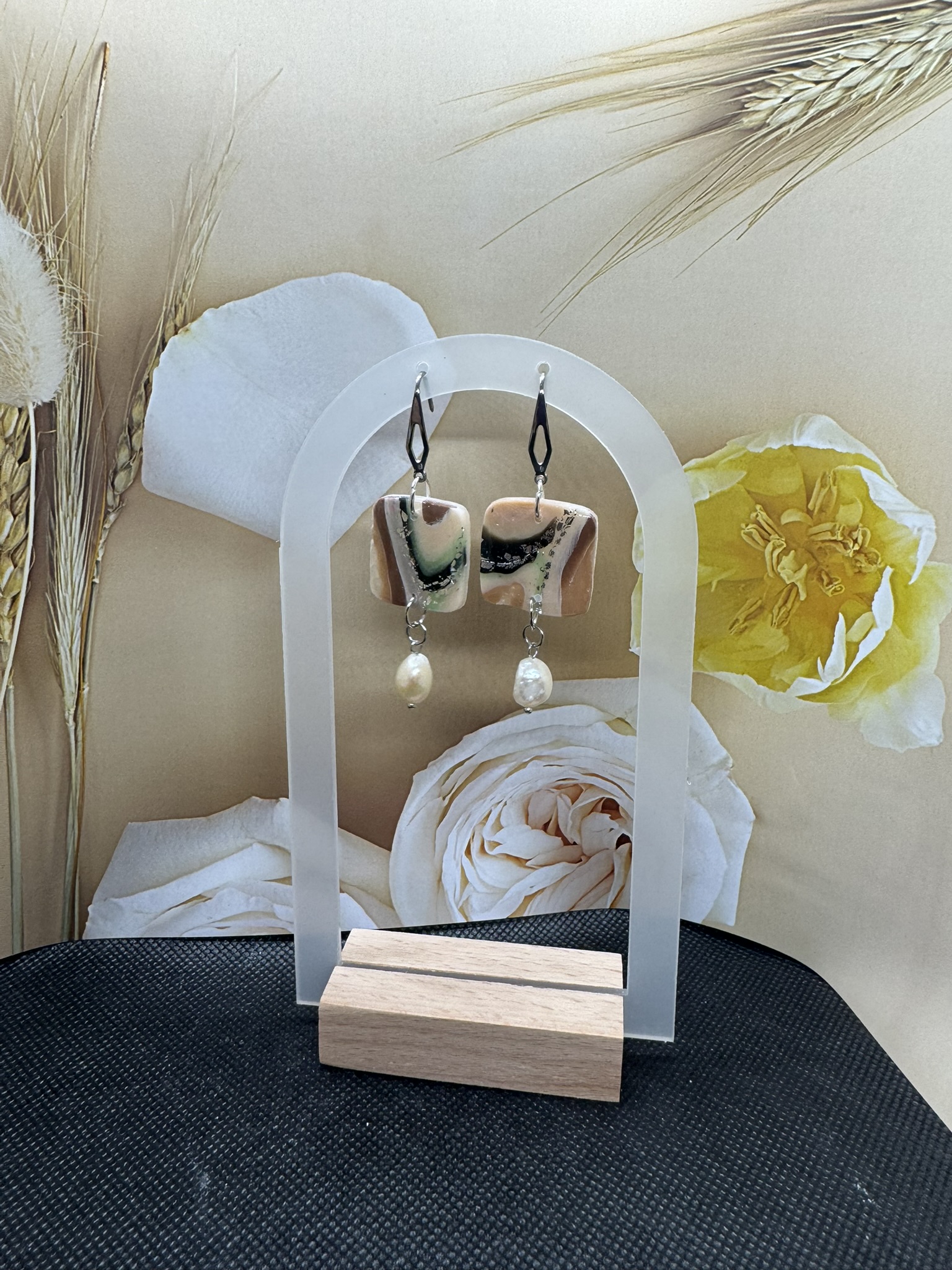 Square Faux agate pearl drop dangles earrings
