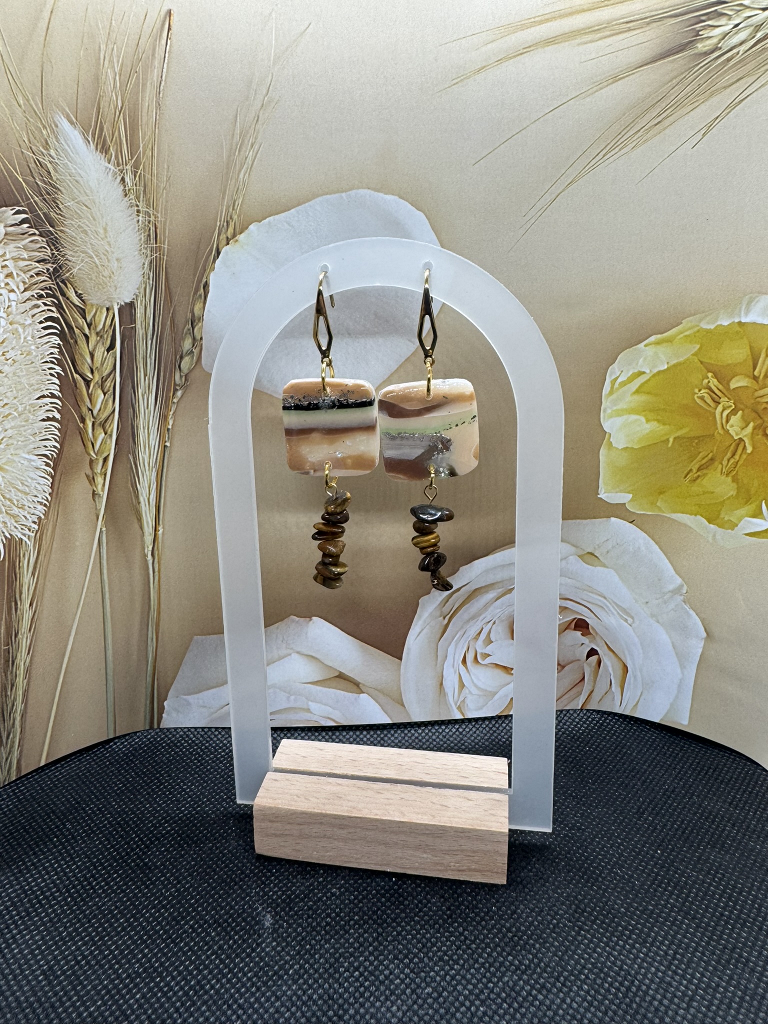 Faux Agate and Tiger Eye Dangle Earrings