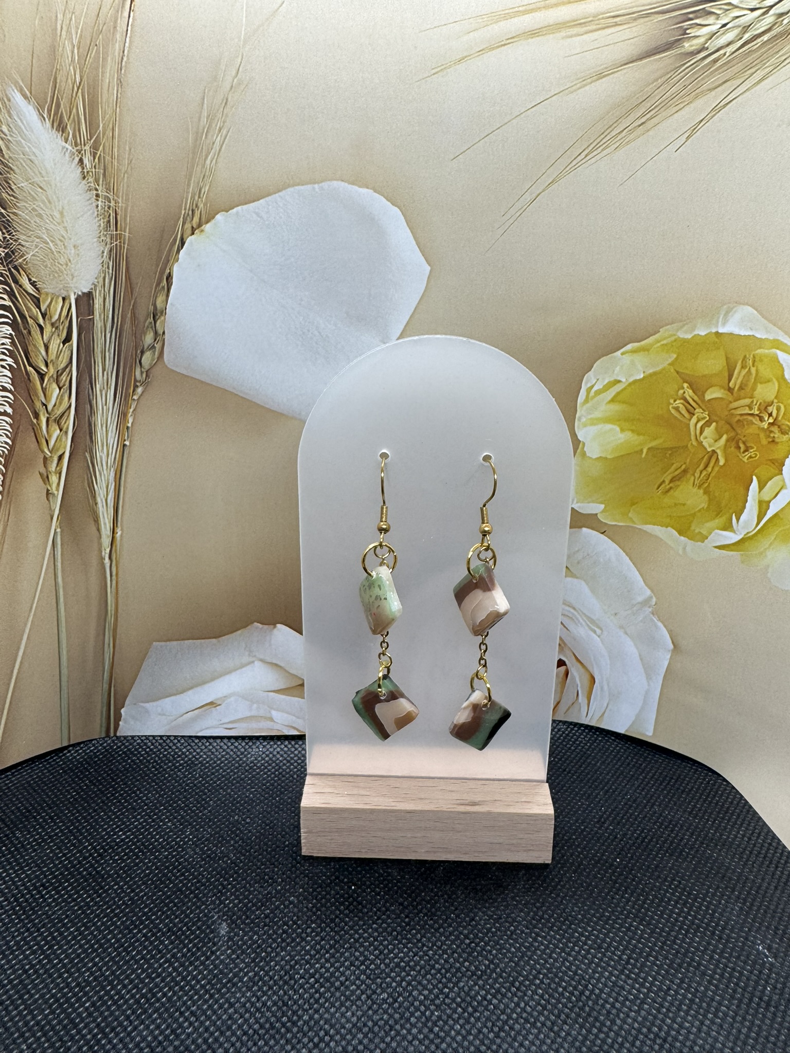 Square dangle Faux Agate and Chain Earrings