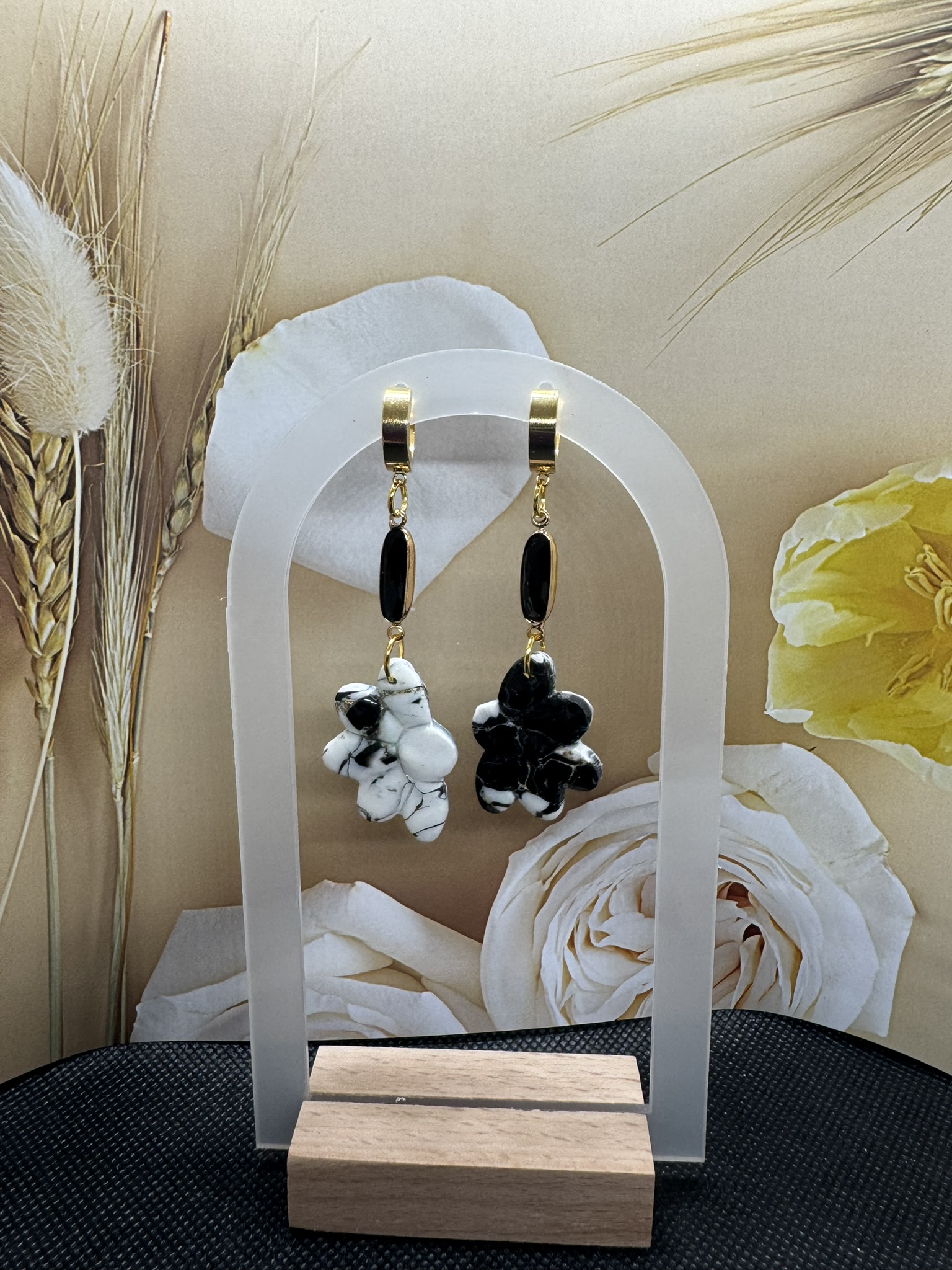 Half Floral and Black Crystral Dangle Earrings