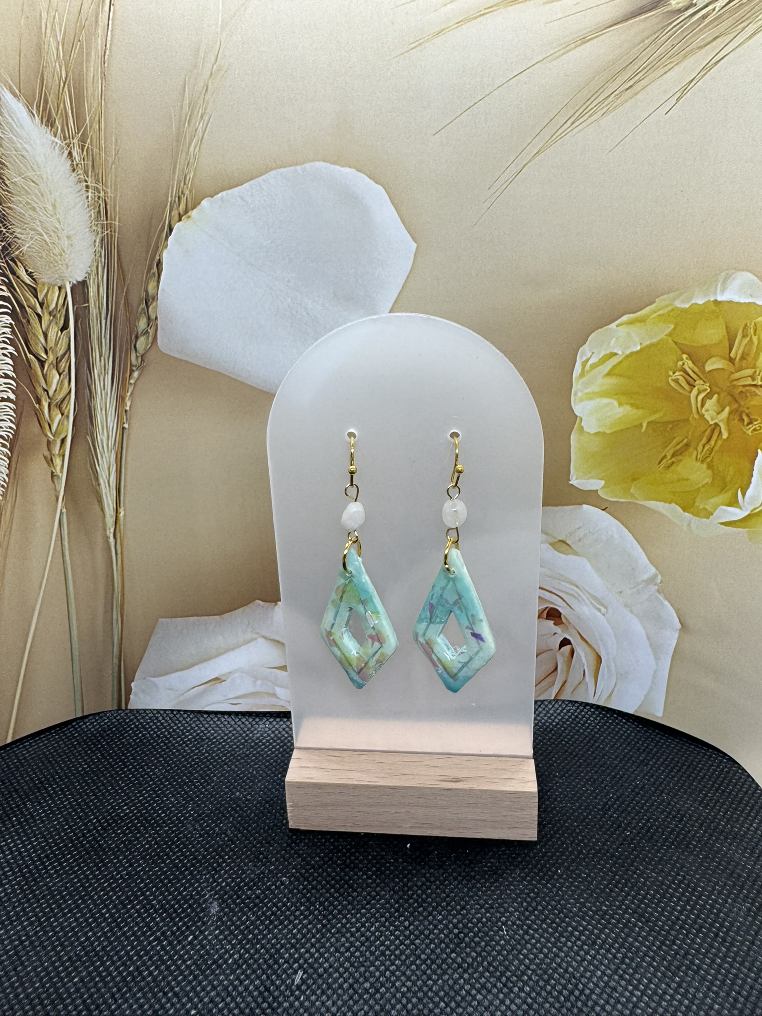 Elegant Faux Opal Geometric Design and Gemstone bead dangle Earring