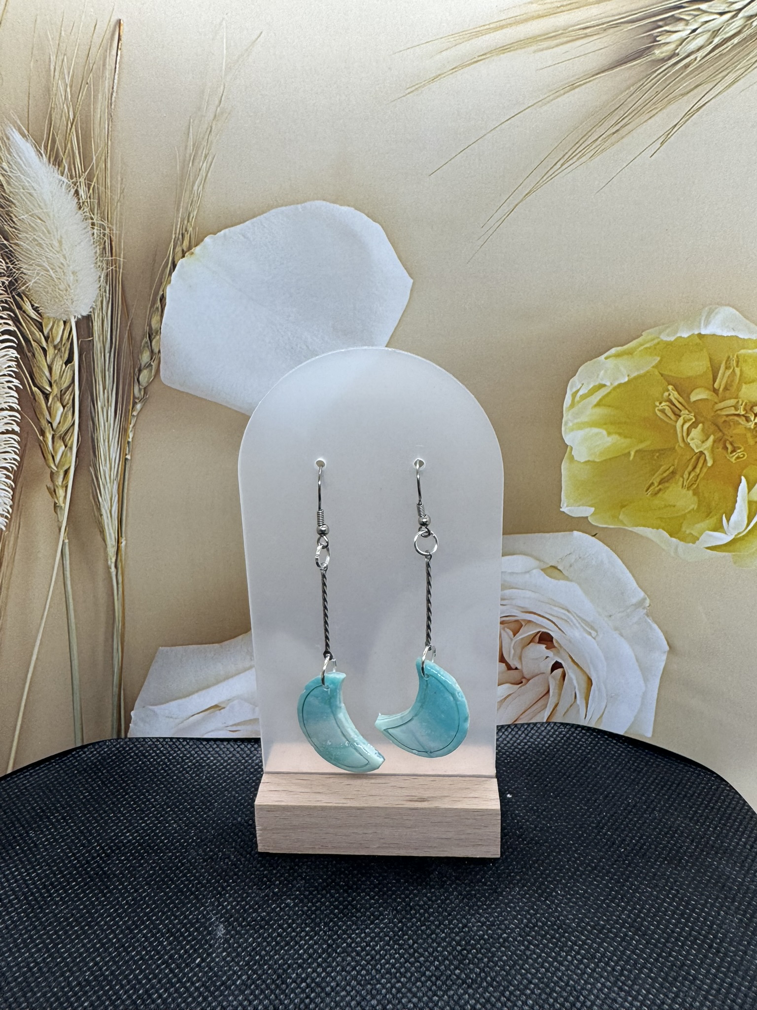 Faux Opal Crescent Moon Earrings