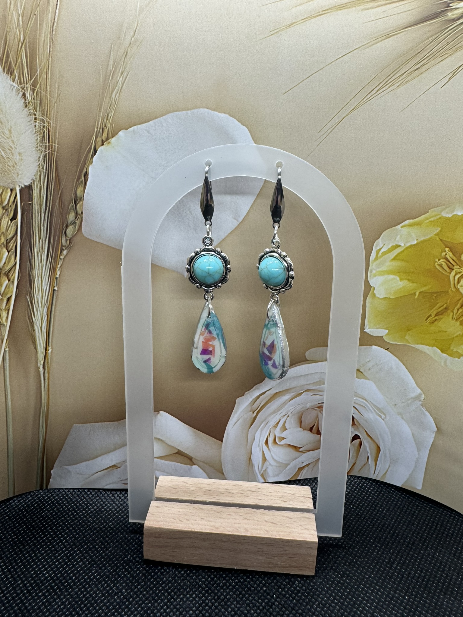 Turquoise and Faux Opal Drop Earrings