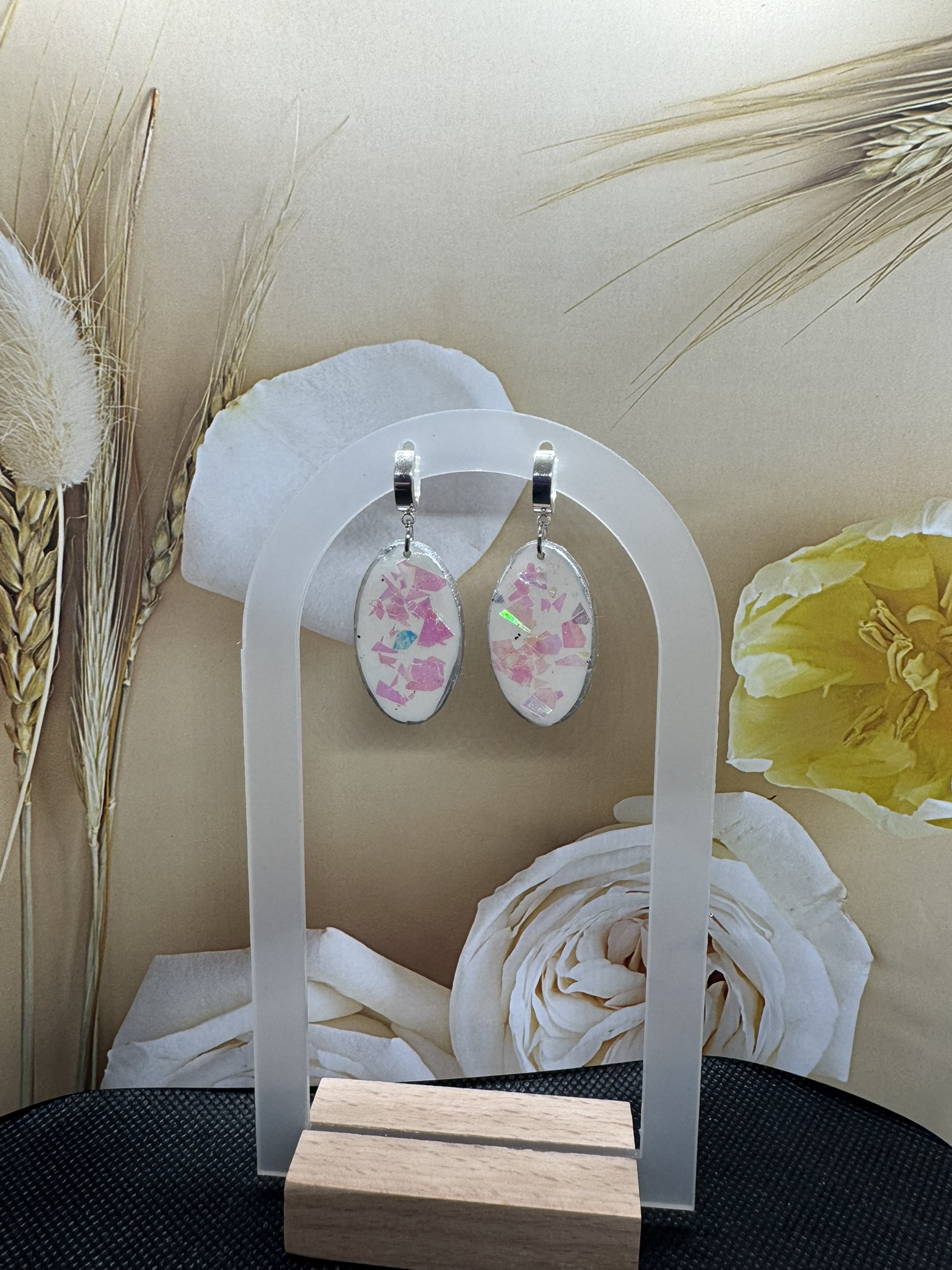 Oval Faux Opal on Huggie Earrings