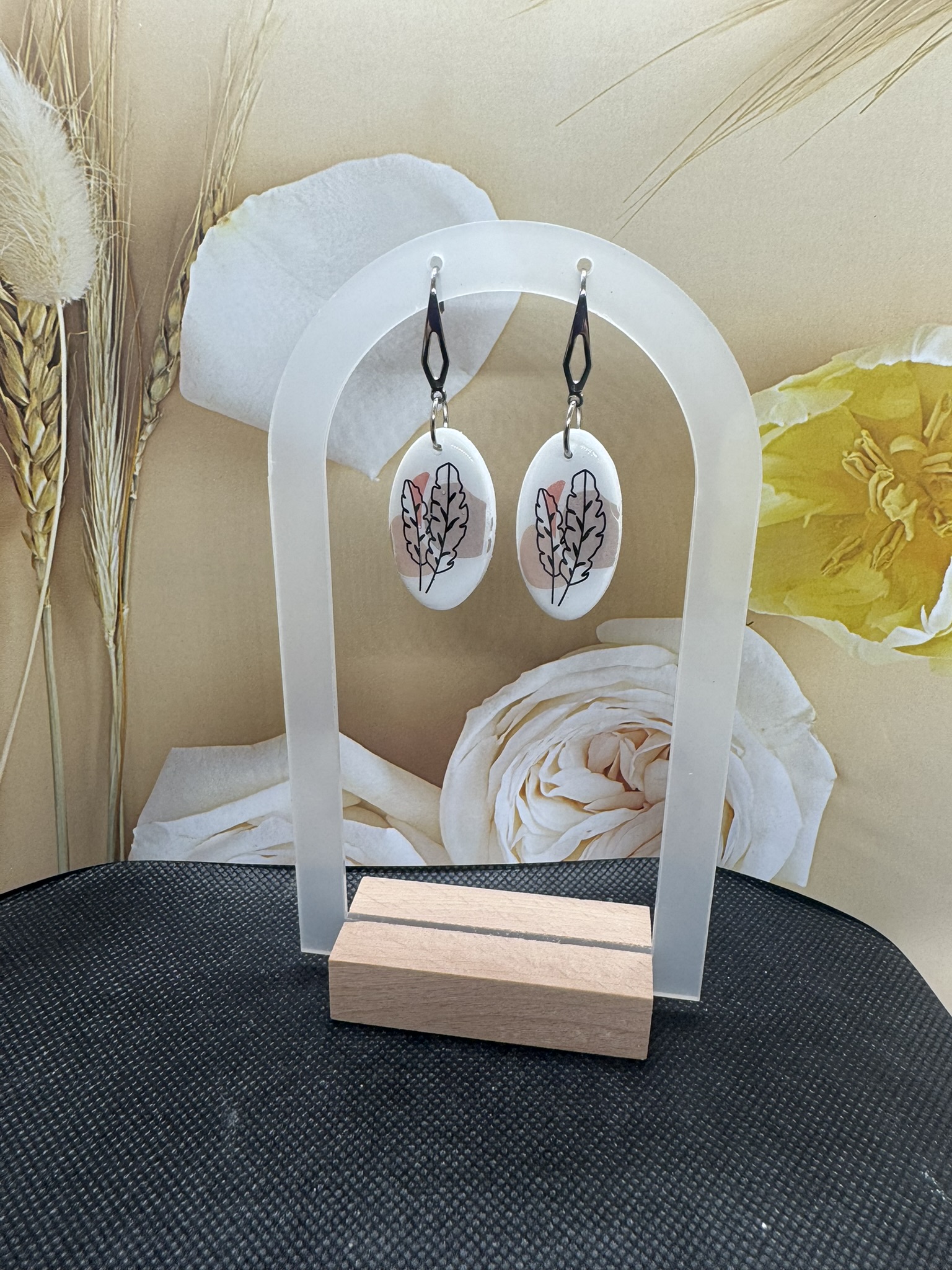 Oval Clay Feather Earrings