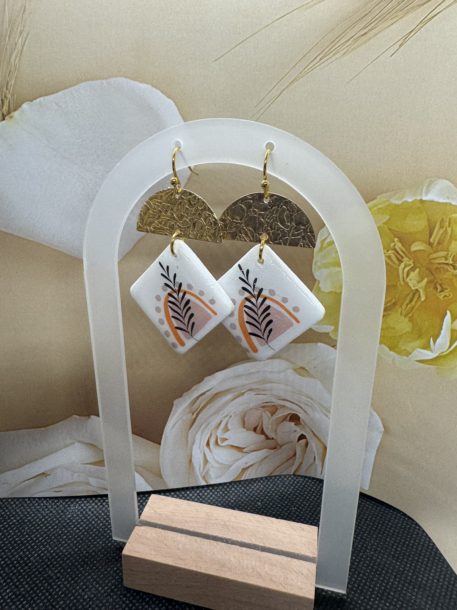 Contemporary Floral Clay and Hammered Earrings