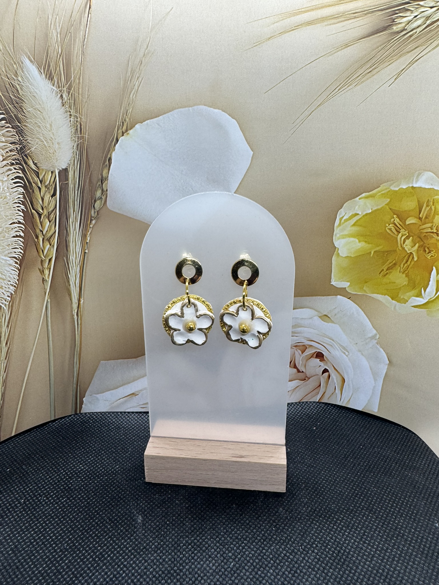 Gold and White Flower Earrings
