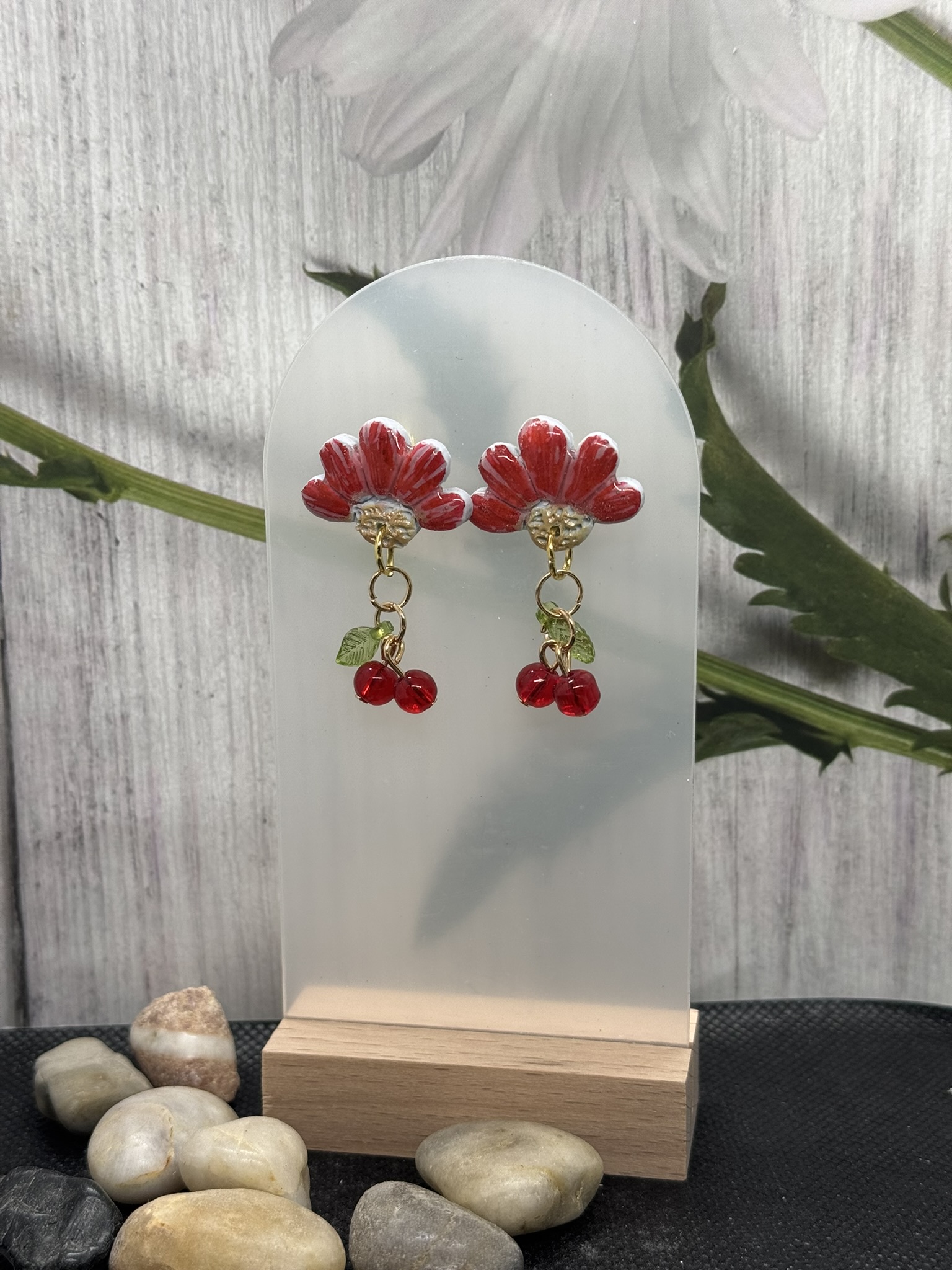 Half Flower and Cherry Blossom Earrings