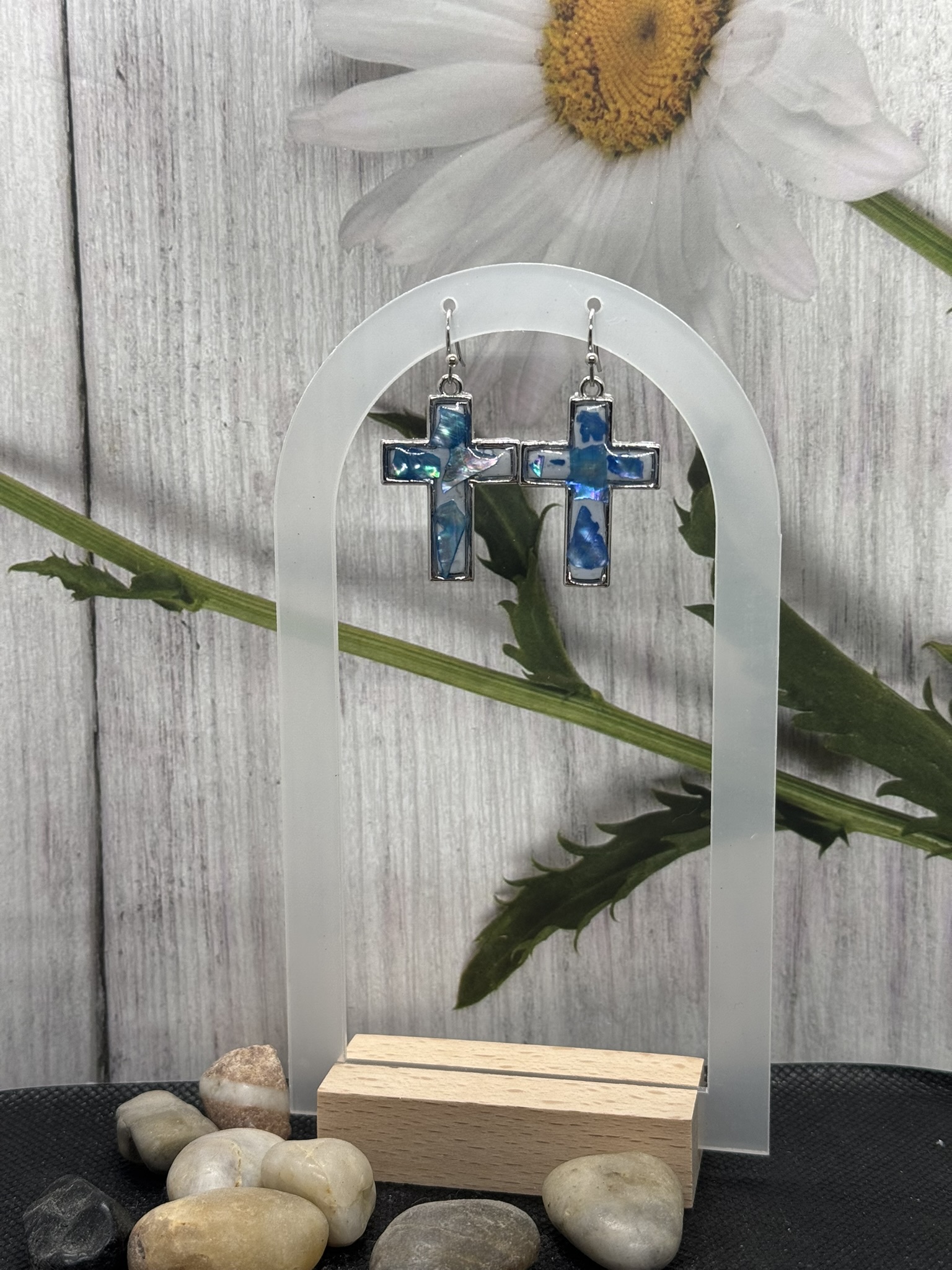 Abalone Inlaid Clay Cross Earrings