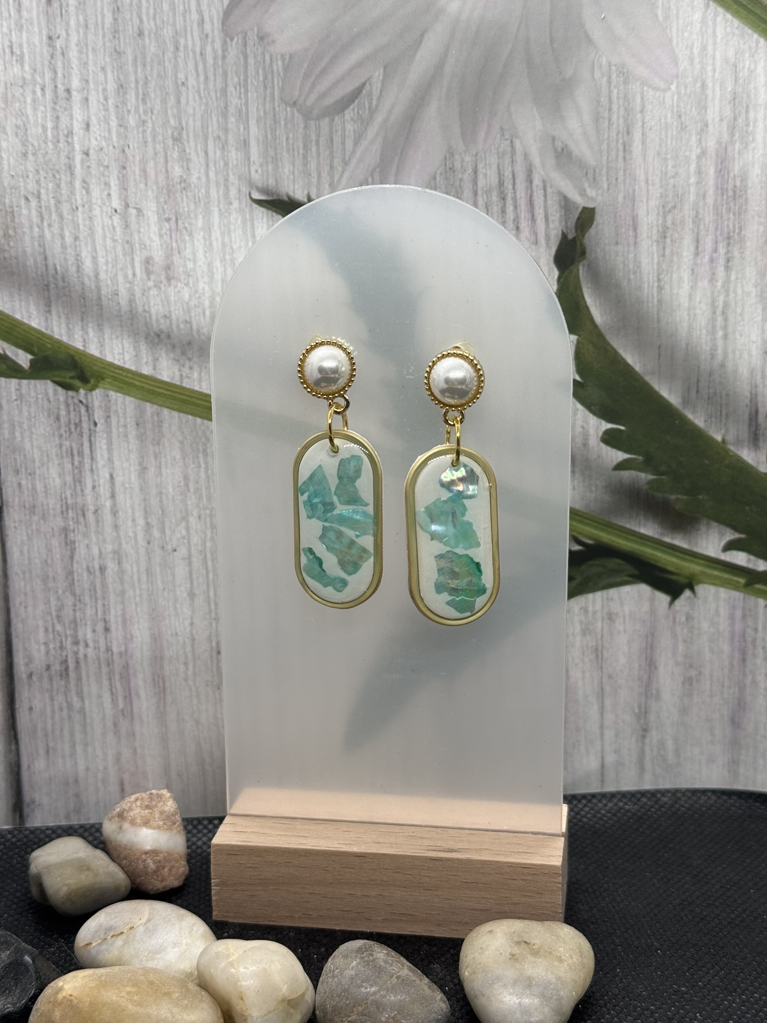 Pearl and Inlaid Abalone Clay Earrings