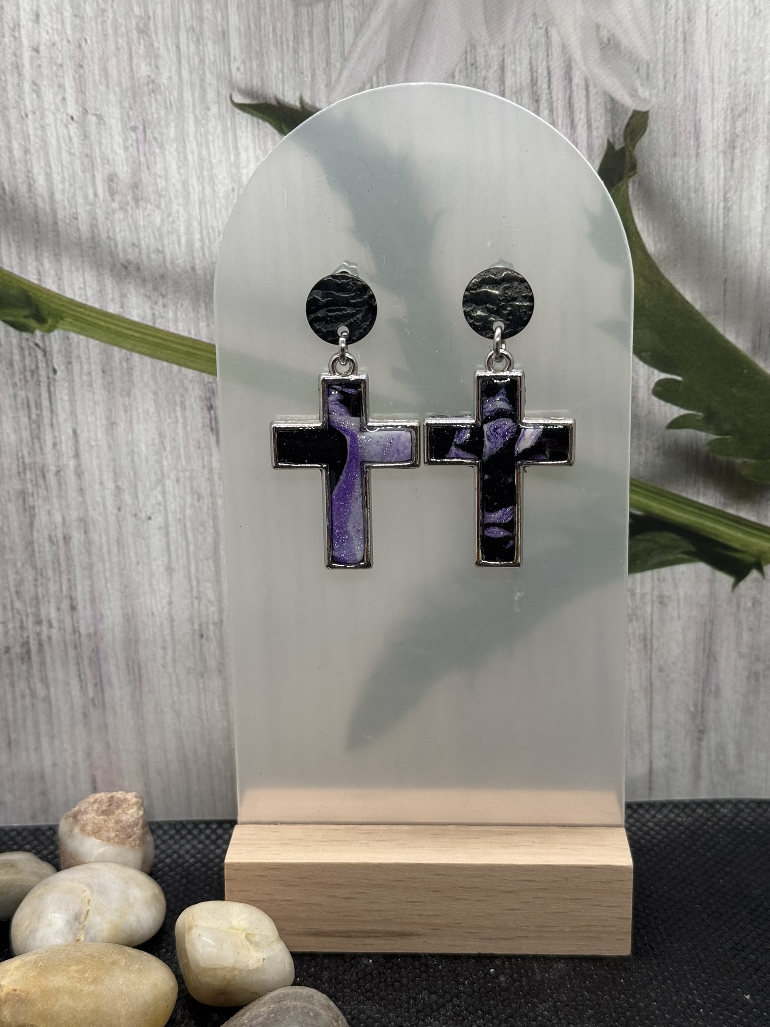 Purple and Black Clay Cross Earrings