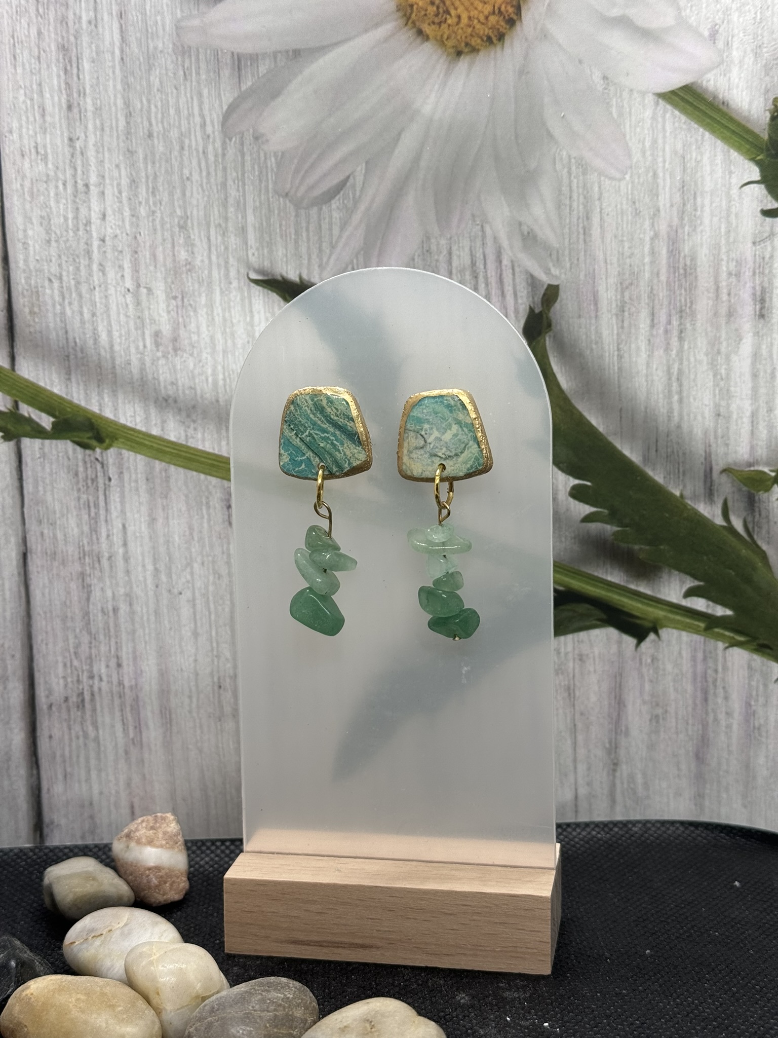Pastel Faux Stone dangles with Green Jasper Gemstones