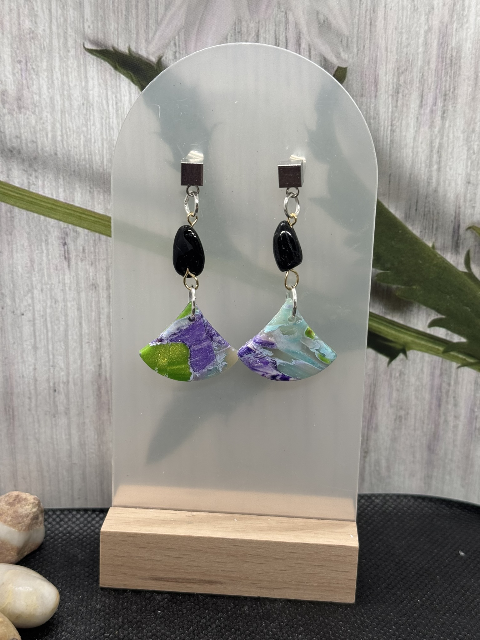 Pastel Faux Stone on Black Obsidian Gemstone