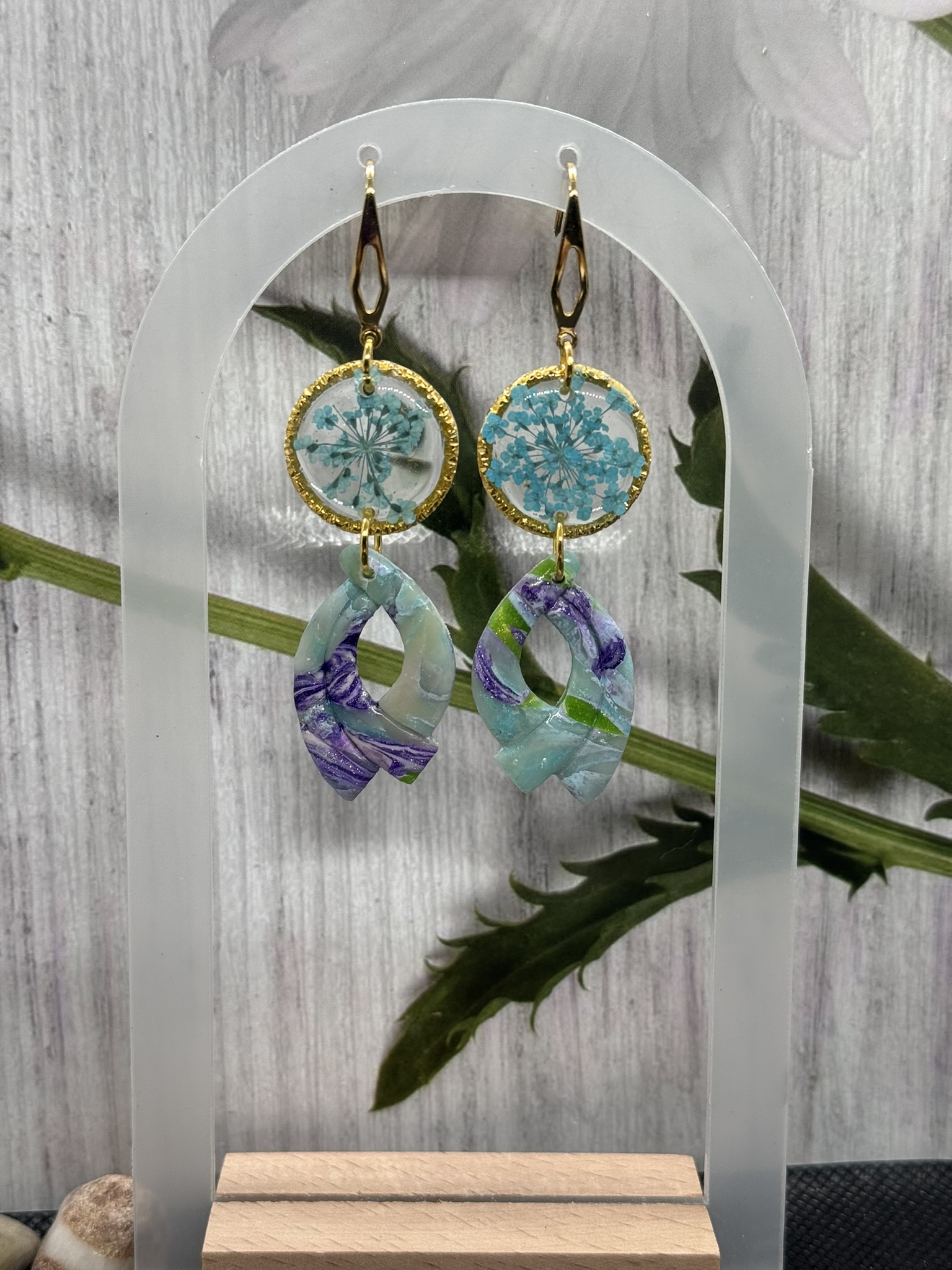 Pastel Faux Stone  on Dried Blue Flower Resin Charm