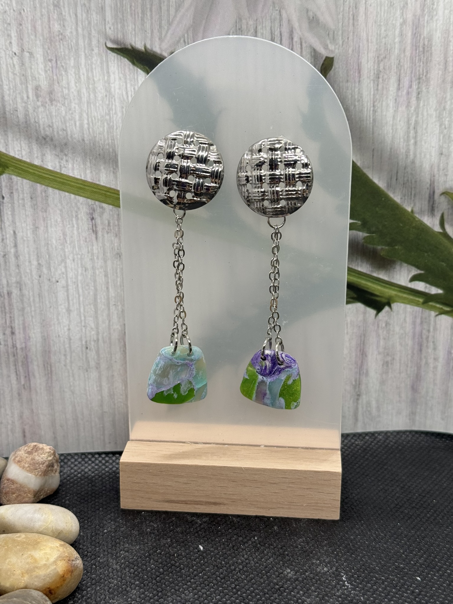 Pastel Faux Stone on Geometric Steel Dangle Earrings