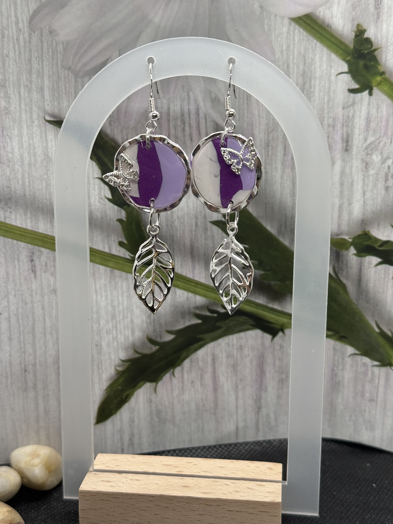 Silver Hammered Circle Butterfly and Leaf Dangle Earrings