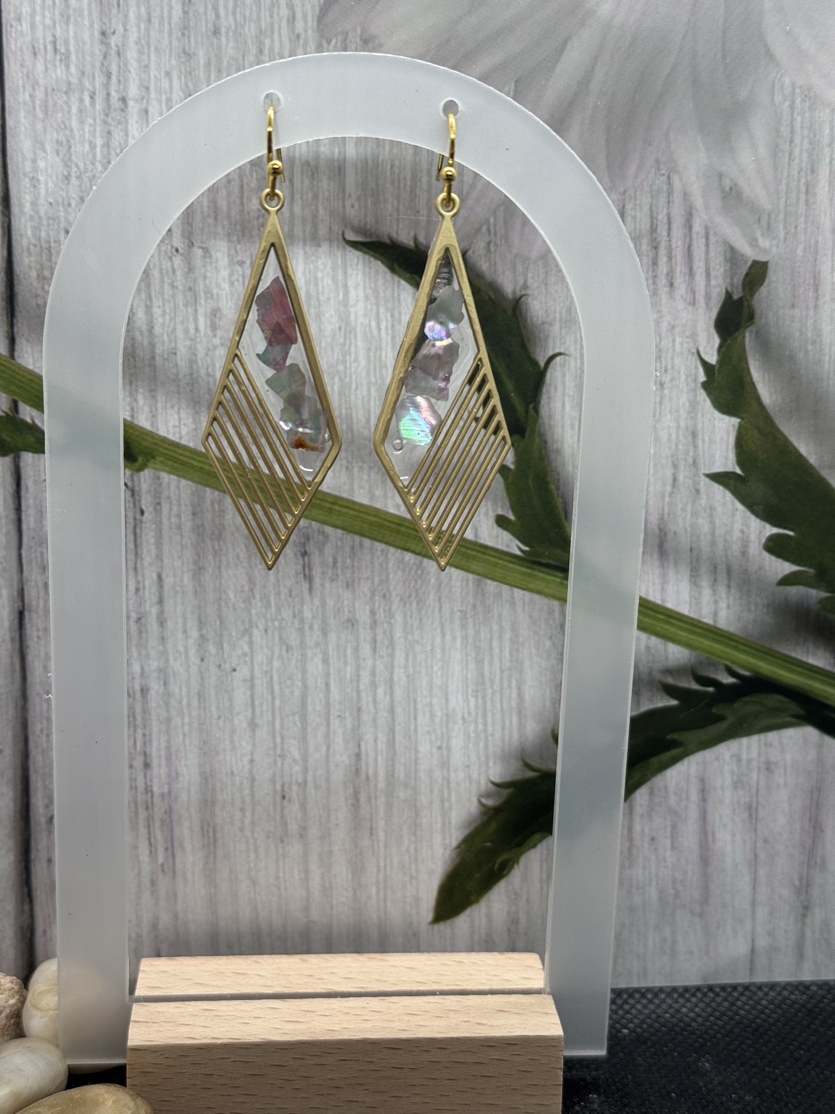 Geometric Dangle Resin and Abalone Earrings