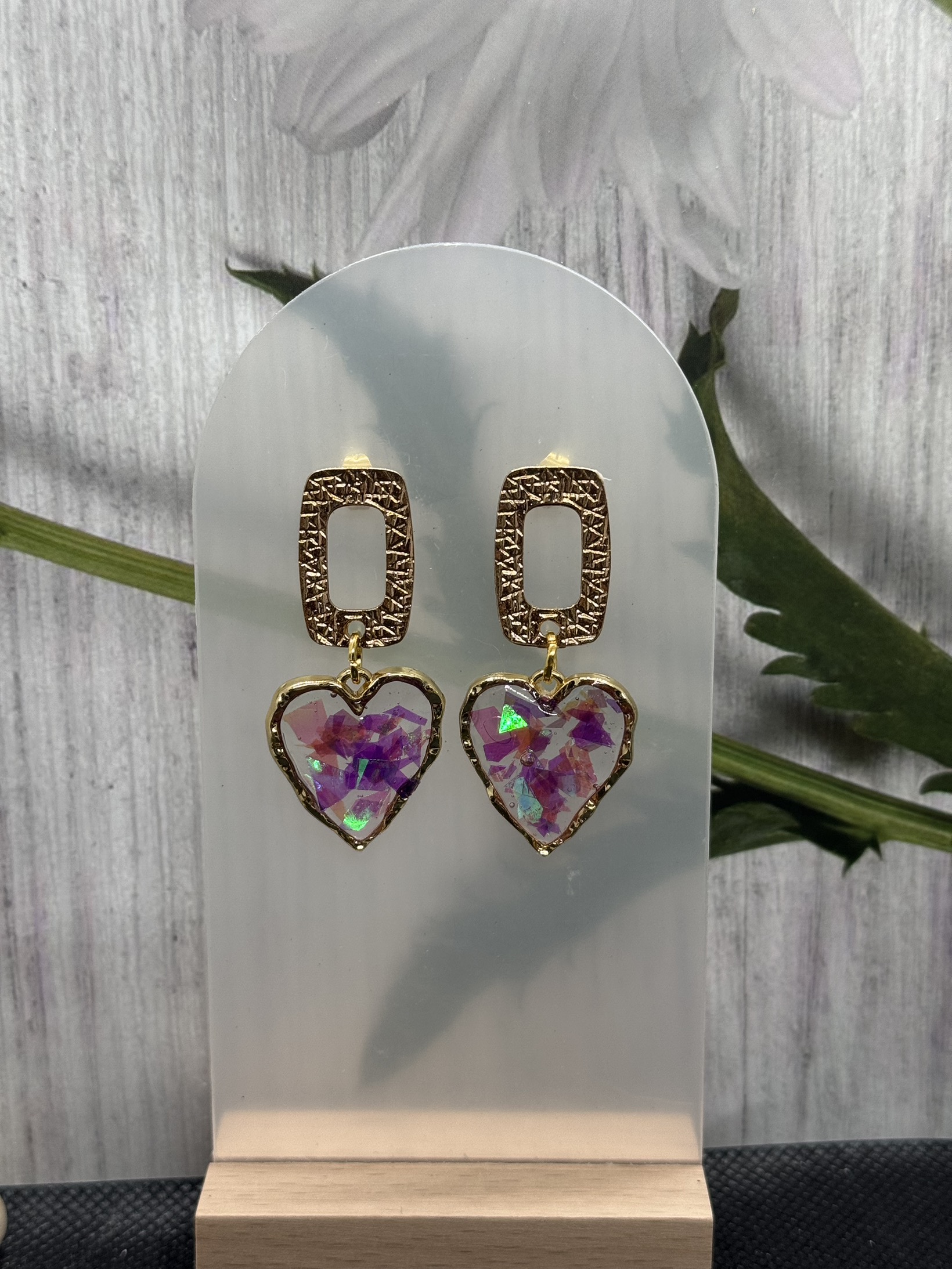 Heart Shaped Opal Effect and Resin Earrings