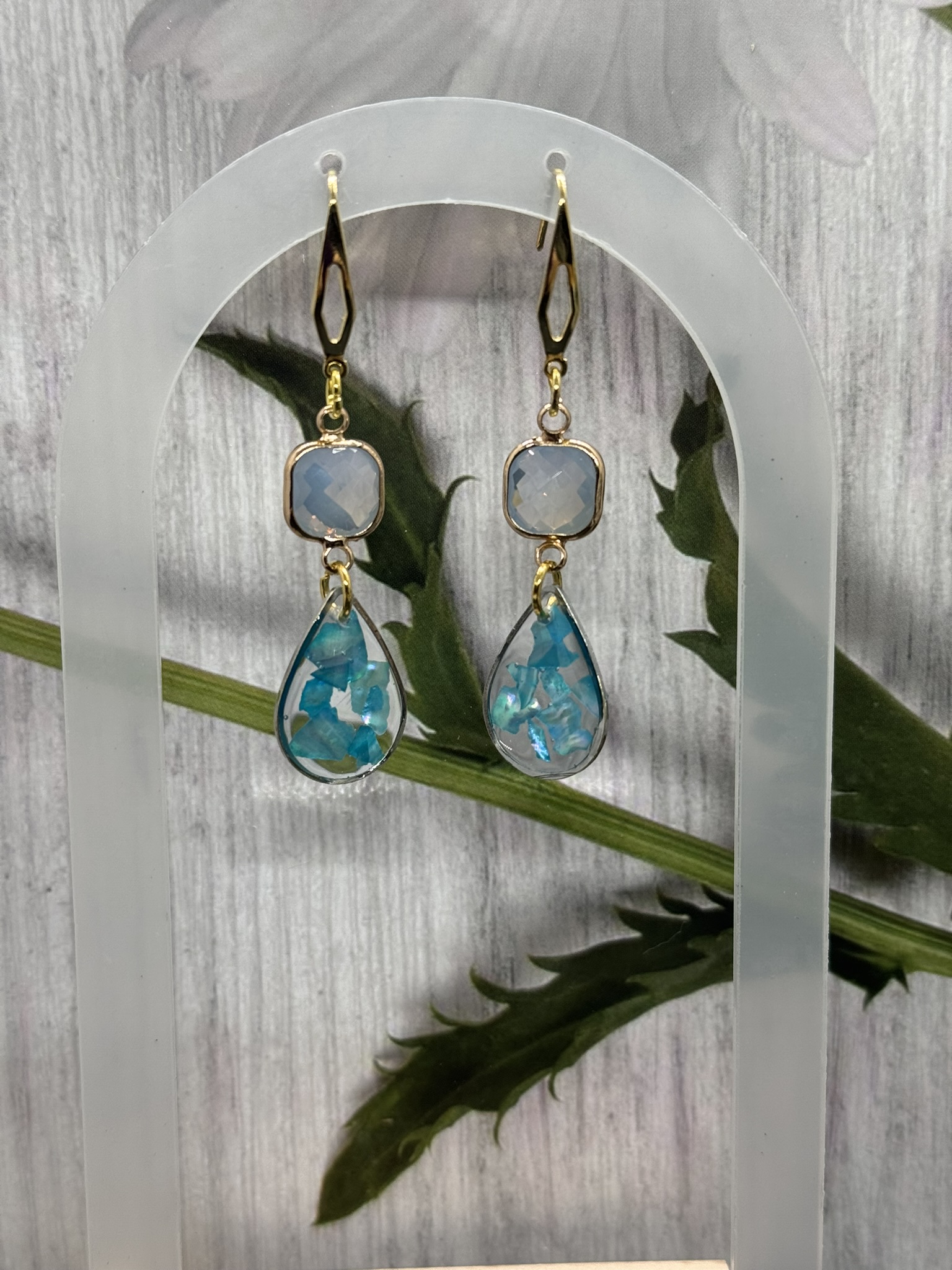 Elegant Resin Drop and Light Blue Abalone Earrings