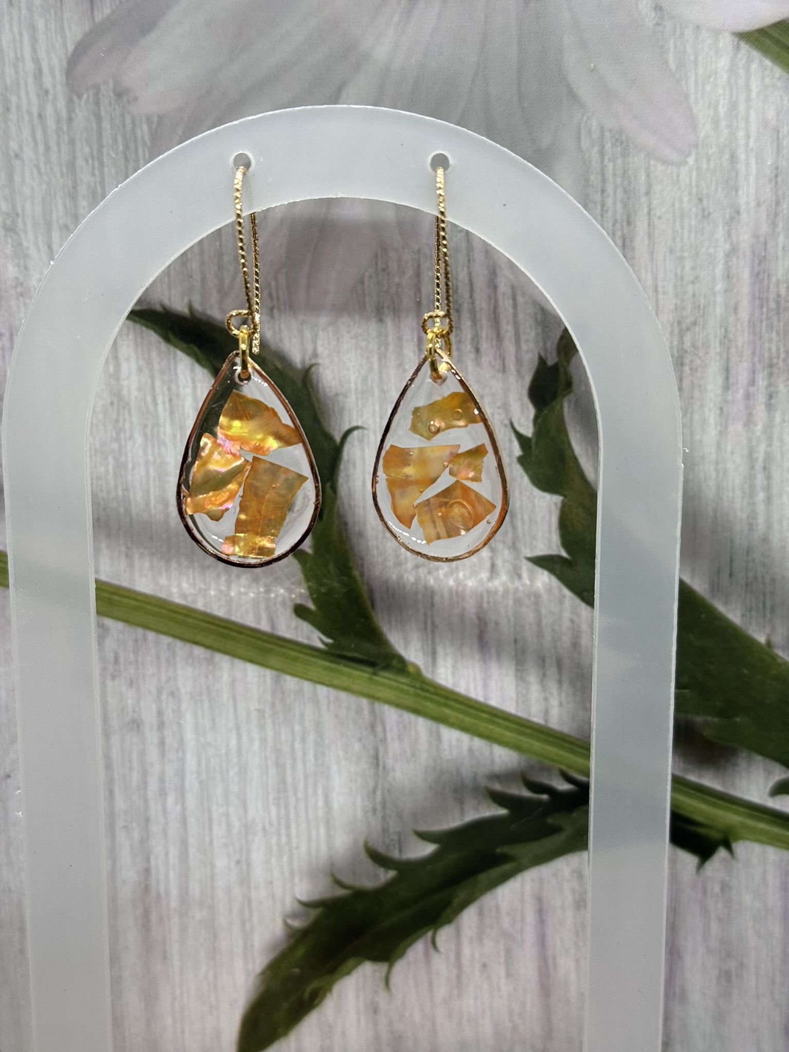 Peachy Yellow Abalone and Resin Teardrop Earrings