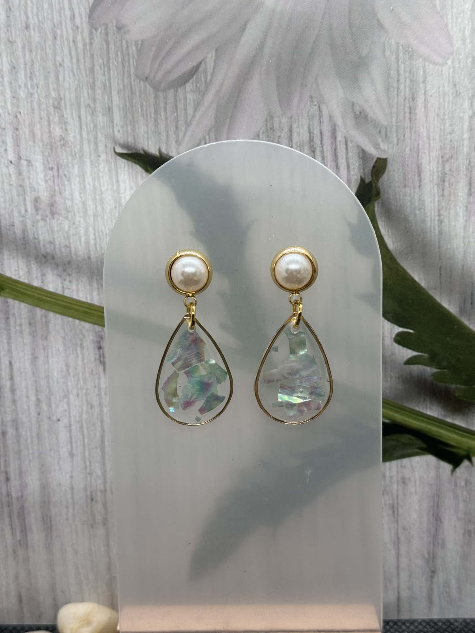 Elegant Pearl and Resin Abalone Earrings