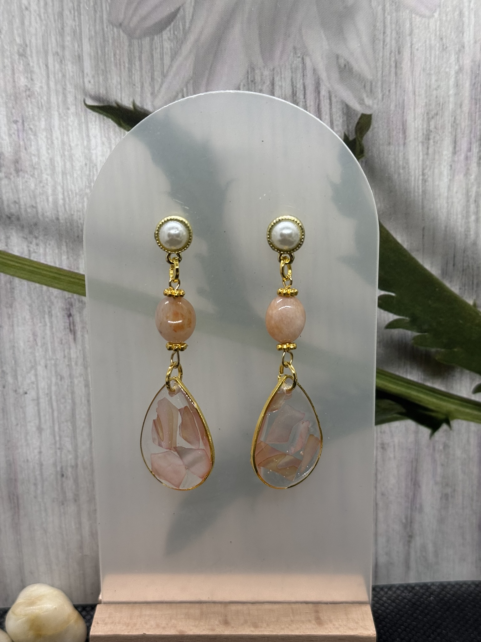 Elegant Pearl and Resin with Abalone Drop Earrings