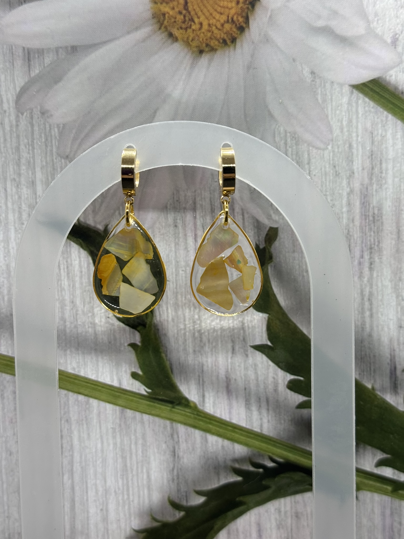 Huggee teardrop resin and abalone shell Teardrop Earrings