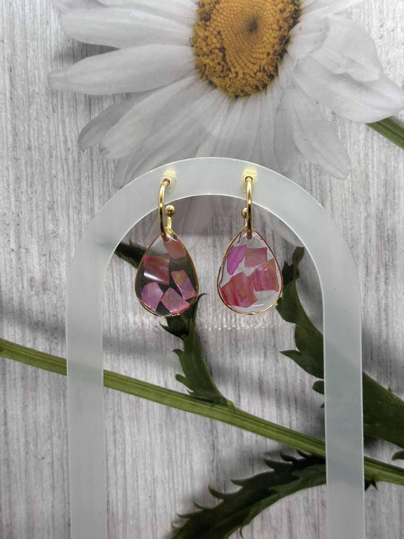 Resin and Pink Abalone Shell Huggee Earrings